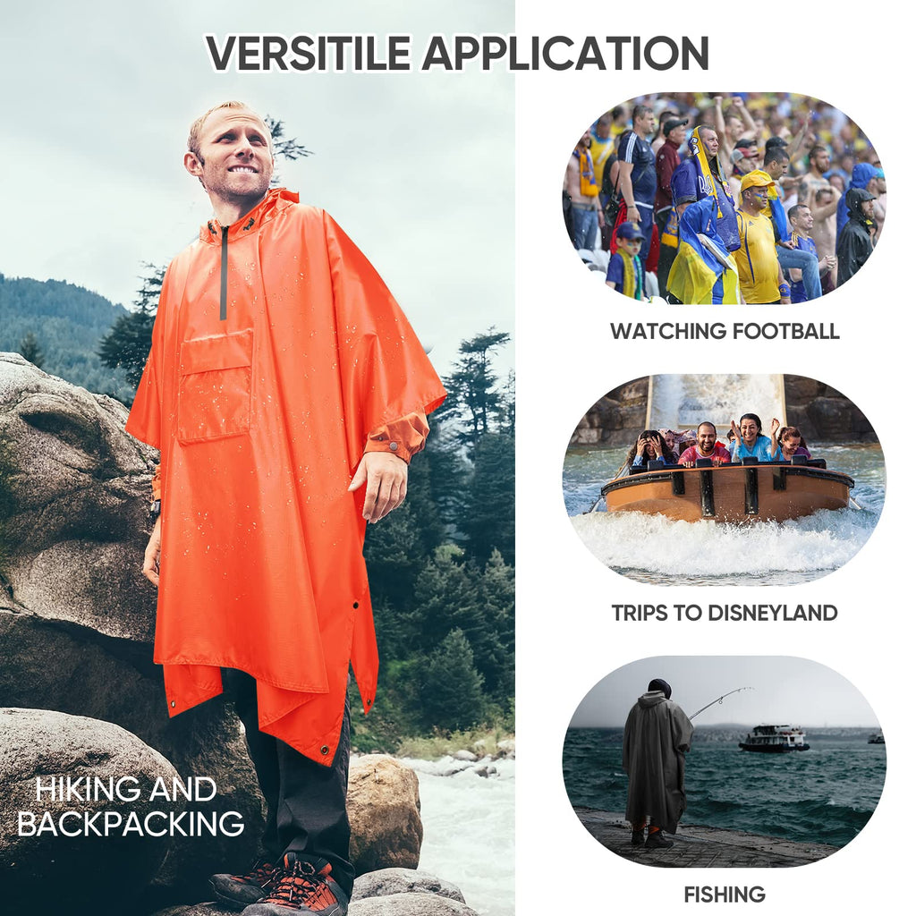 PTEROMY 3-in-1 Hooded Rain Poncho for Adult with Pocket, Waterproof Lightweight Unisex Raincoat for Hiking Camping Emergency