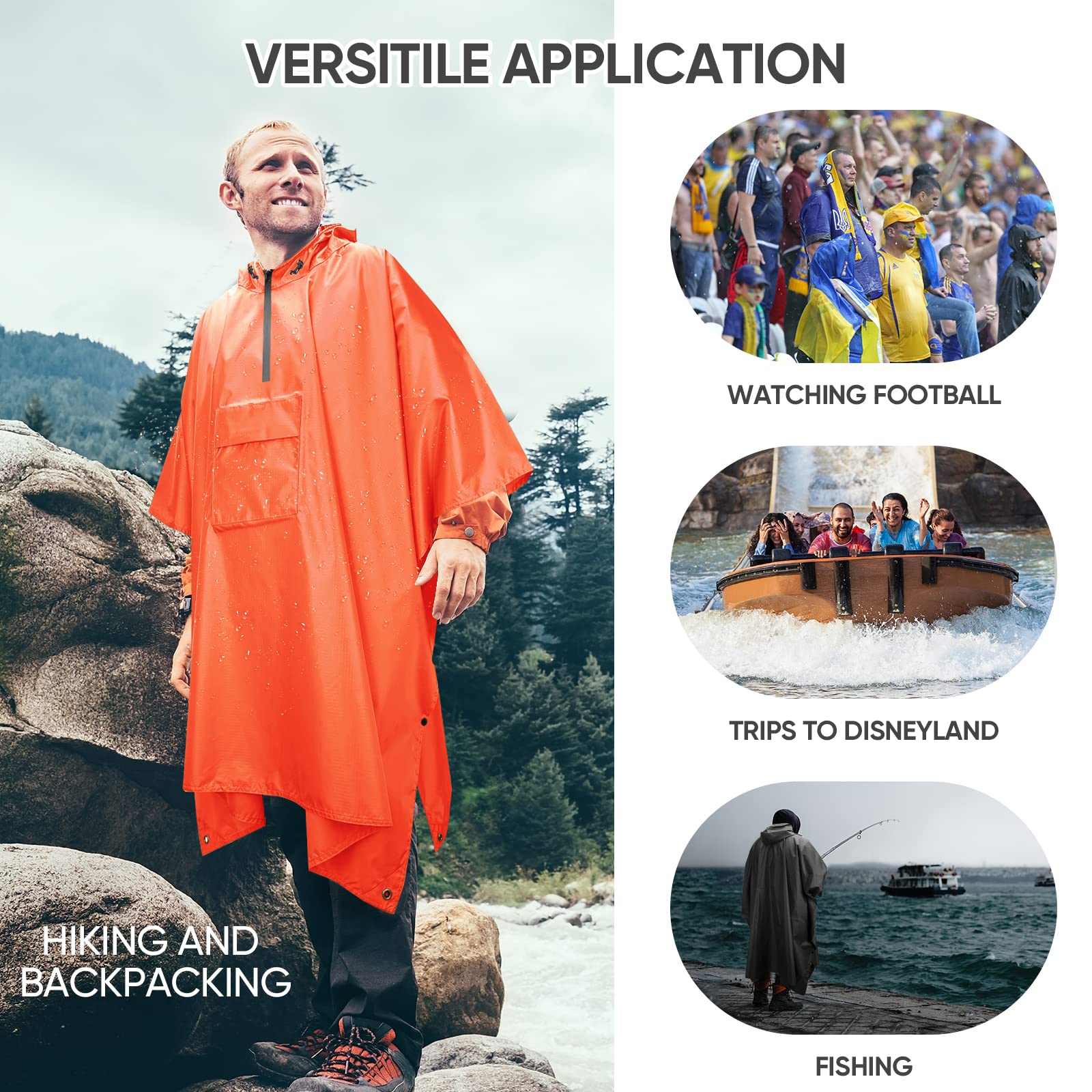 PTEROMY 3-in-1 Hooded Rain Poncho for Adult with Pocket, Waterproof Lightweight Unisex Raincoat for Hiking Camping Emergency