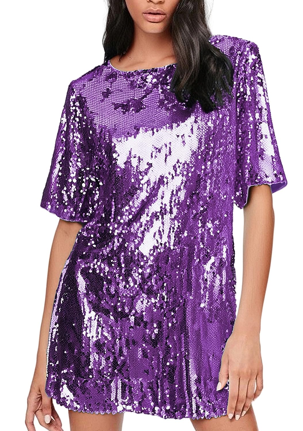Women's Crew Neck Sequin Dress for Women Sexy V Neck Shirt Dress Sparkly Half Sleeve Loose Party Club Cocktail Dress
