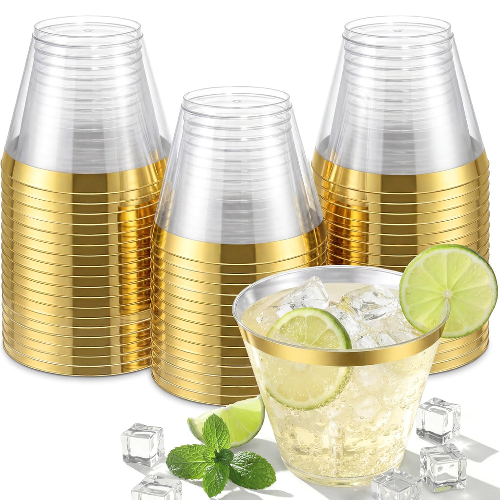 Nervure 120PCS Gold Plastic Cups - 10Oz Gold Rim Plastic Cups - Heavy Duty Disposable Cups - Clear Cup with Gold Rim for Weddings, Birthdays, Gatherings and Party