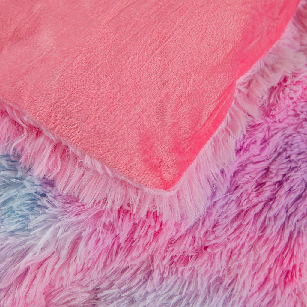 Faux Fur Kids Girls Purple Rainbow Comforter Sets Twin/Full - 3PC Bed Set Warm Comfortable Soft Plush Flannel Velvet Fluffy Fuzzy Bedding（Comforter x 1 Pillowcases x 2）