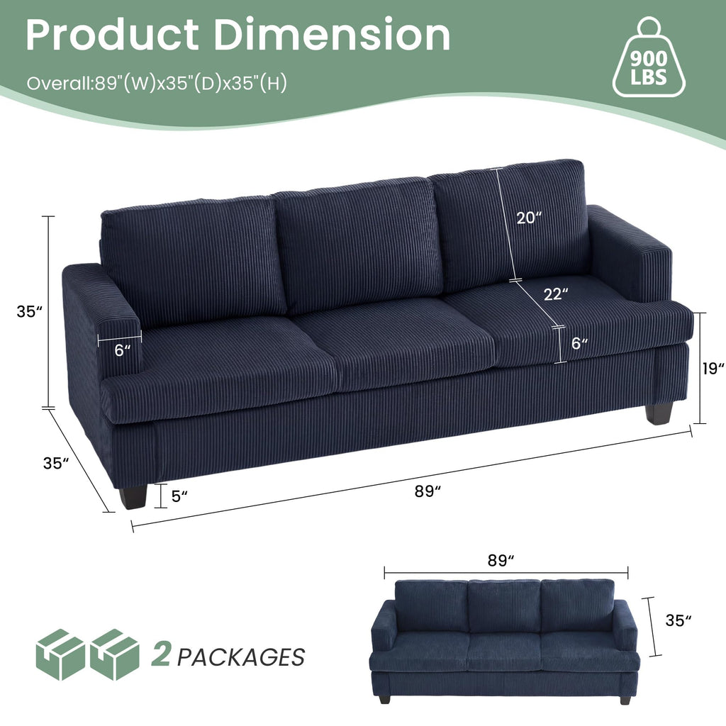 YOUDENOVA 2 Piece Set Comfy Sofa Couch, Loveseat Sofa * 2 with Deep Seats, Modern Sleeper Couch for Living Room, Black Corduroy