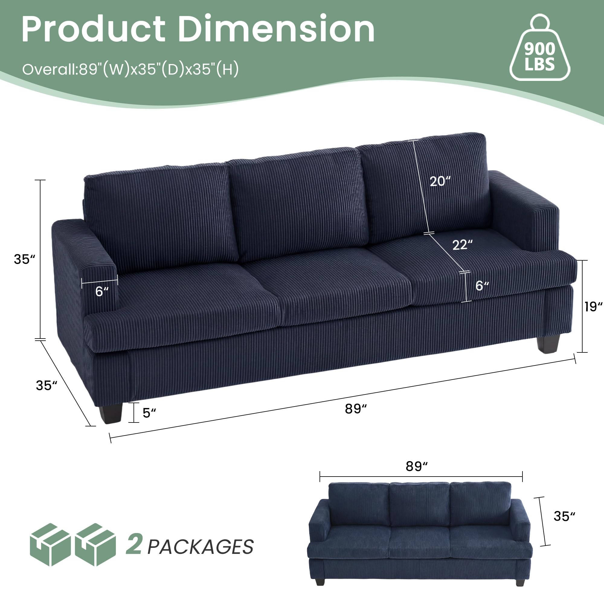 YOUDENOVA 2 Piece Set Comfy Sofa Couch, Loveseat Sofa * 2 with Deep Seats, Modern Sleeper Couch for Living Room, Black Corduroy