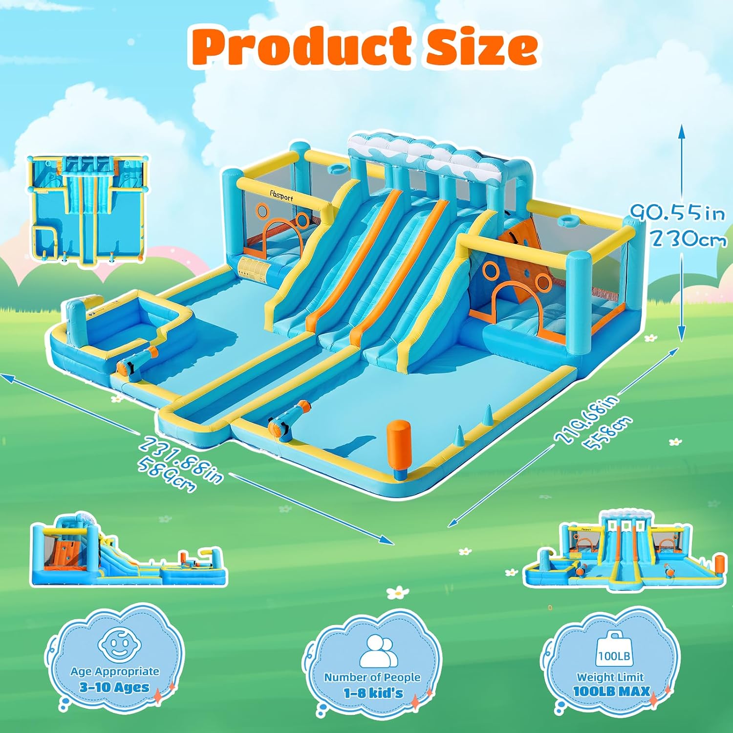 FBSPORT Inflatable Bounce House Water Slide, 3 Slides & 2 Bouncers 10-in-1 Water Slide Park Bounce House with 950W Blower, Bouncy Castle for Kids Backyard Party Outdoor, with Water Gun, Splash Pool