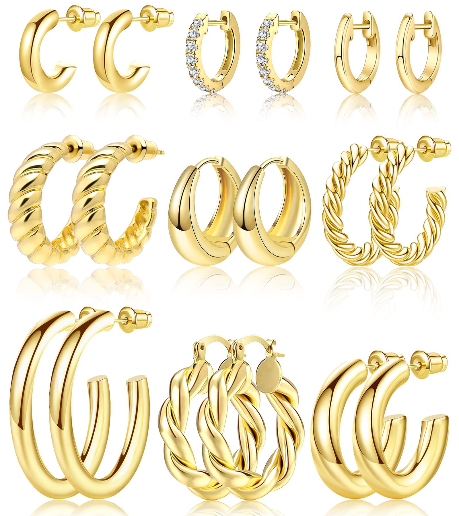 Adoyi 9 Pairs Gold Hoop Earrings Set for Womens Twisted Huggie Hoops Earrings 14K 18K Gold Plated for Girls Valentines Mother's Day Birthday Gifts Lightweight