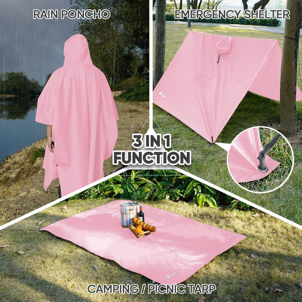 PTEROMY 3-in-1 Hooded Rain Poncho for Adult with Pocket, Waterproof Lightweight Unisex Raincoat for Hiking Camping Emergency