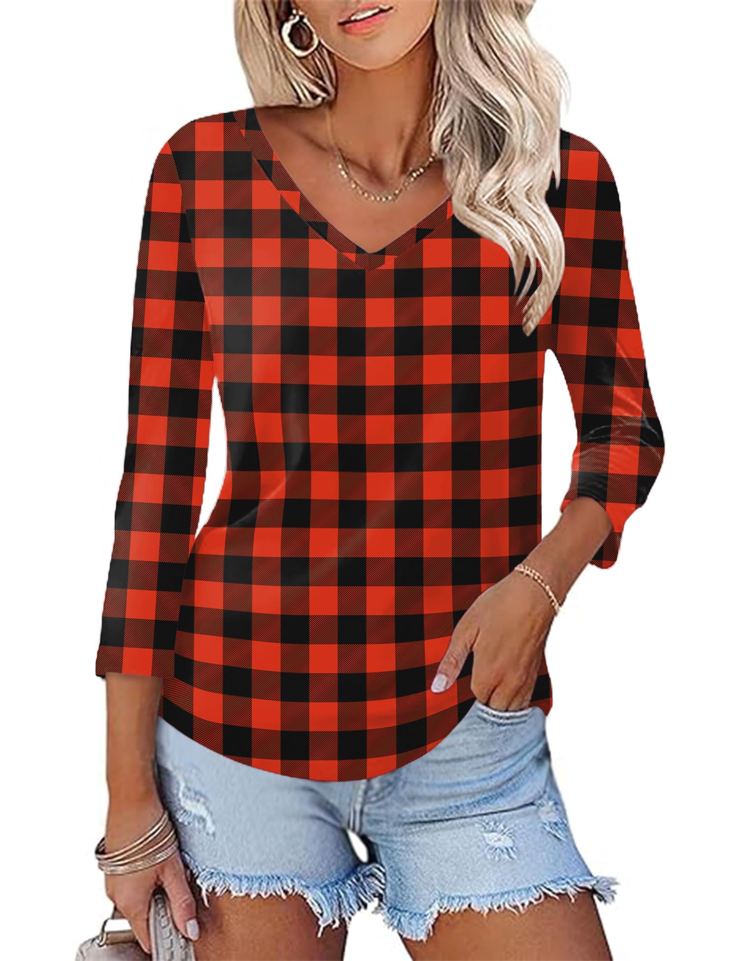 KTILG Women's V Neck T Shirts 3/4 Sleeve Blouse Summer Tops Dressy Casual Solid Basic Tees