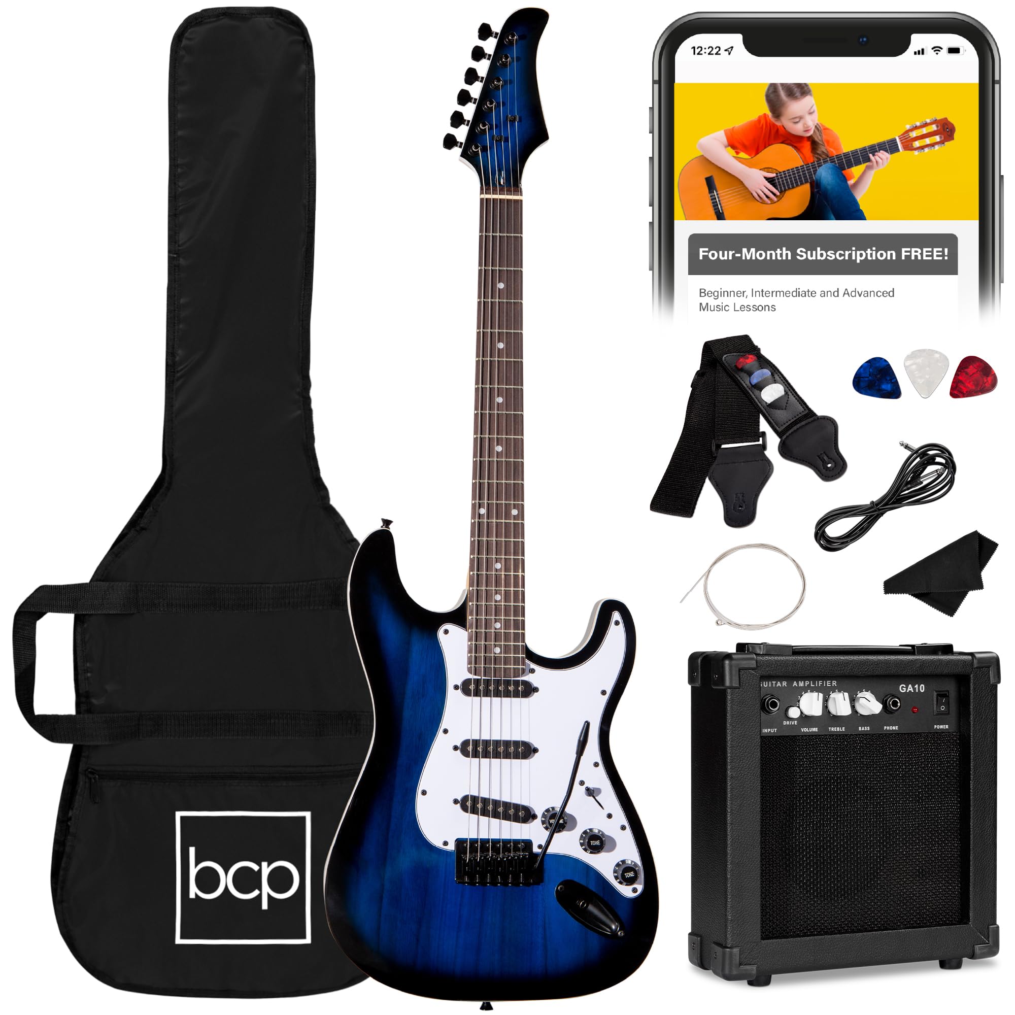 Best Choice Products 39in Full Size Beginner Electric Guitar Starter Kit w/Case, Strap, 10W Amp, Strings, Pick, Tremolo Bar - 3 Color Sunburst