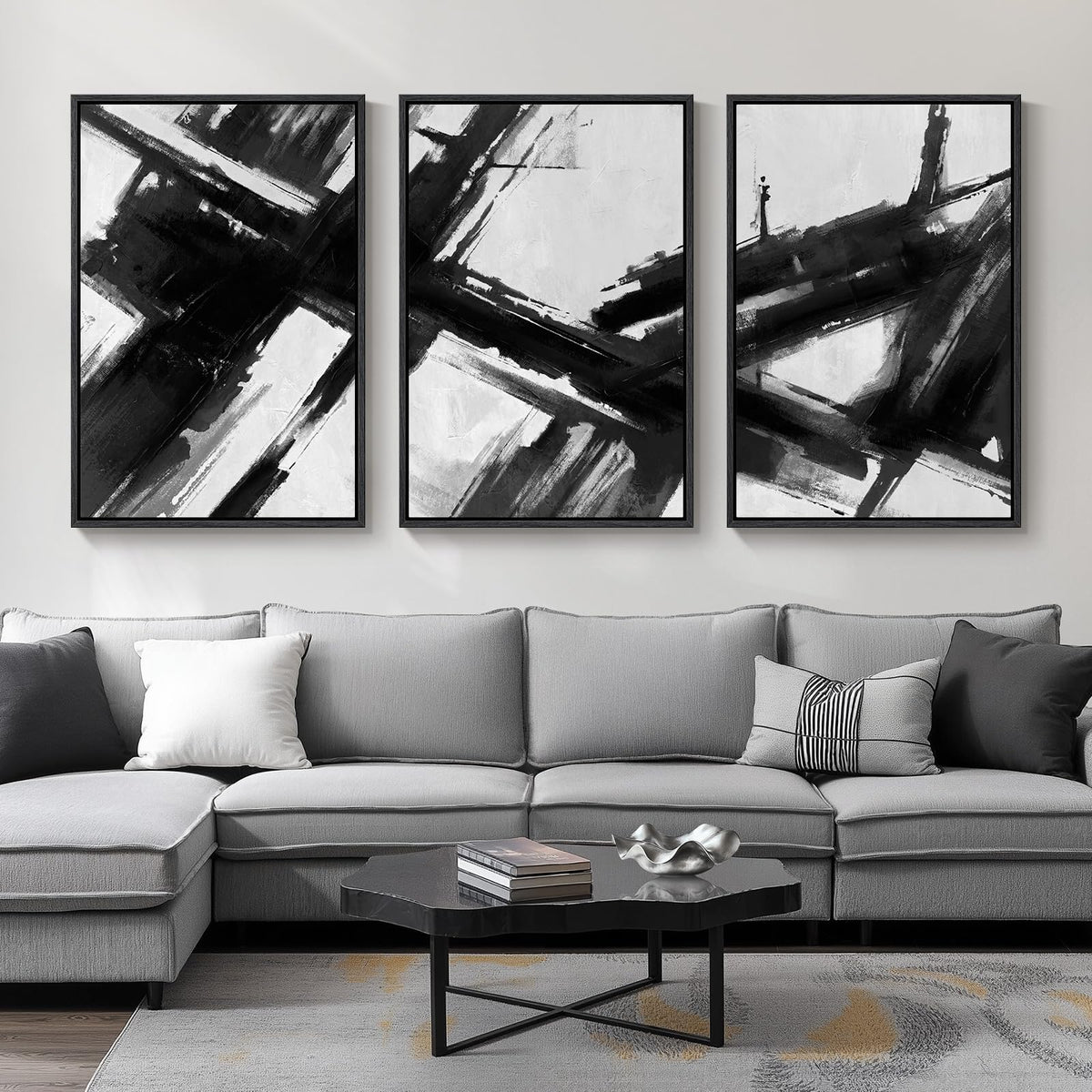 Framed Black and White Modern Abstract Wall Art, 3 Piece Canvas Prints Paintings Artwork for Walls, Minimalist Black White Grey Pictures for Living Room Dining Room Bedroom Office Wall Decor 16x24 In