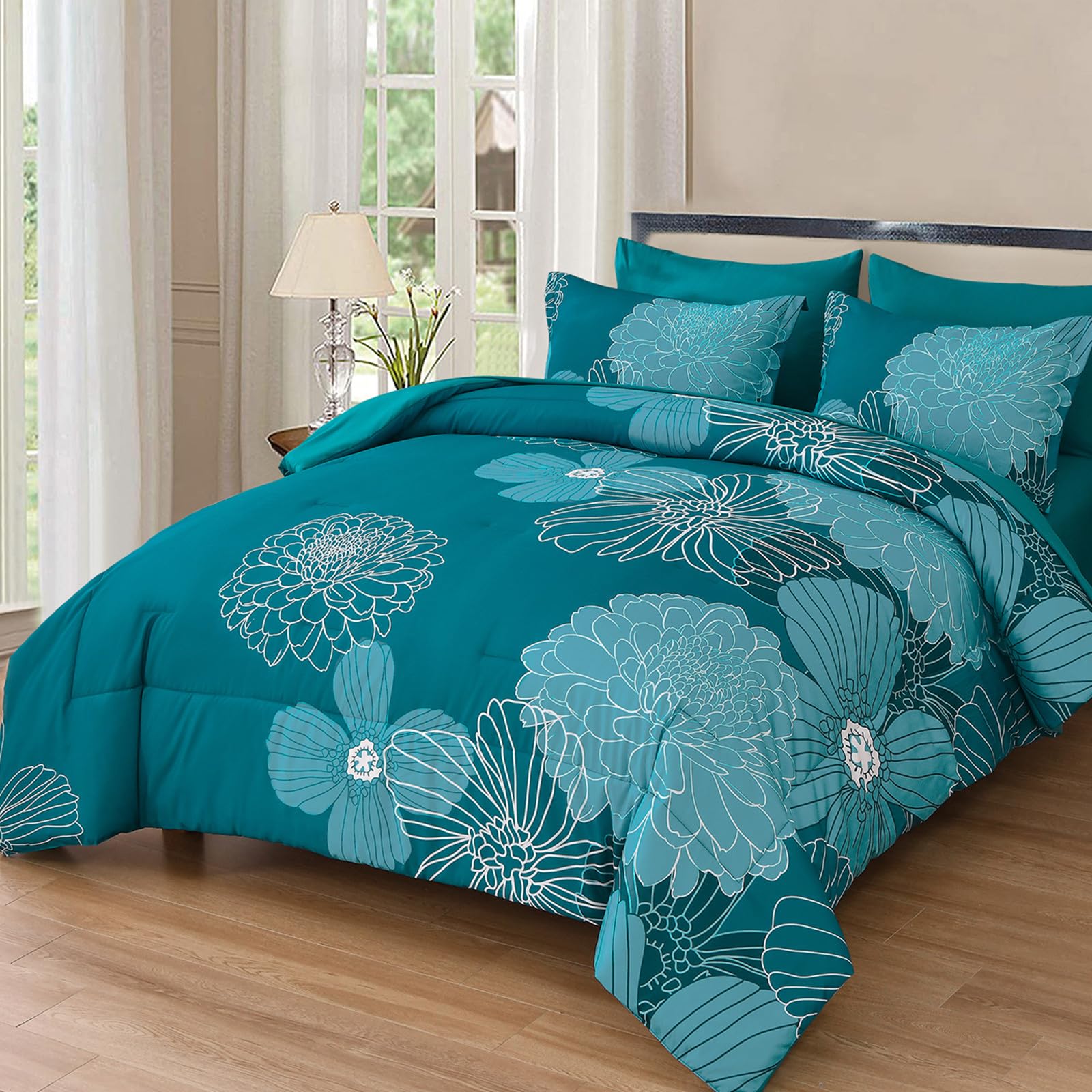Yiran 7 Pieces Bed in a Bag Blue Floral Comforter Set Queen Size Flowers Comforter Set Soft Microfiber Bedding Set (1 Comforter 1 Flat Sheet 1 Fitted Sheet 2 Pillowshams 2 Pillowcases)