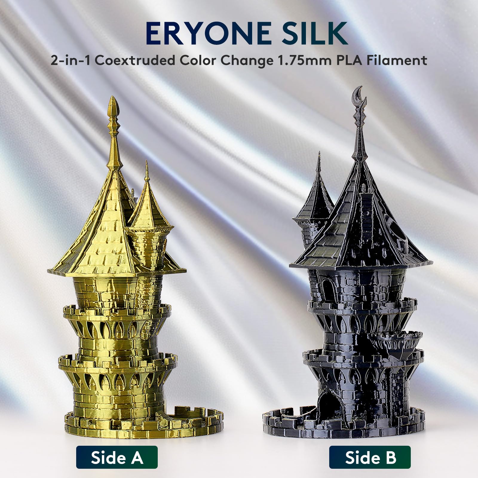 ERYONE Silk Dual Color PLA Filament 3D Printer 1.75mm +/- 0.03mm, Bicolor Filament Two Tone PLA Bundle 2KG Cardboard Spool, Black Gold