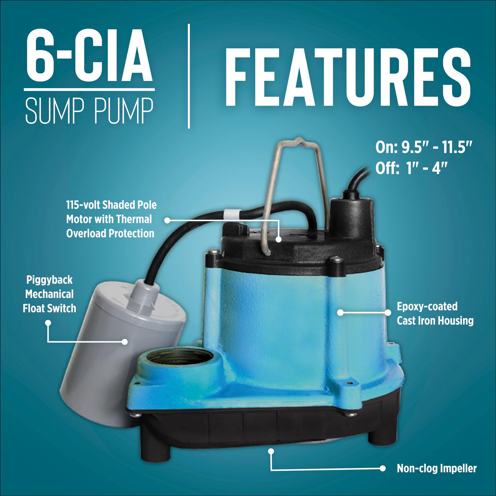Little Giant 6-CIA 115 Volt, 1/3 HP, 2760 GPH Cast Iron Automatic Submersible Sump Pump with Integral Diaphragm Switch for Sump Systems, 10-Ft. Cord, Blue, 506158