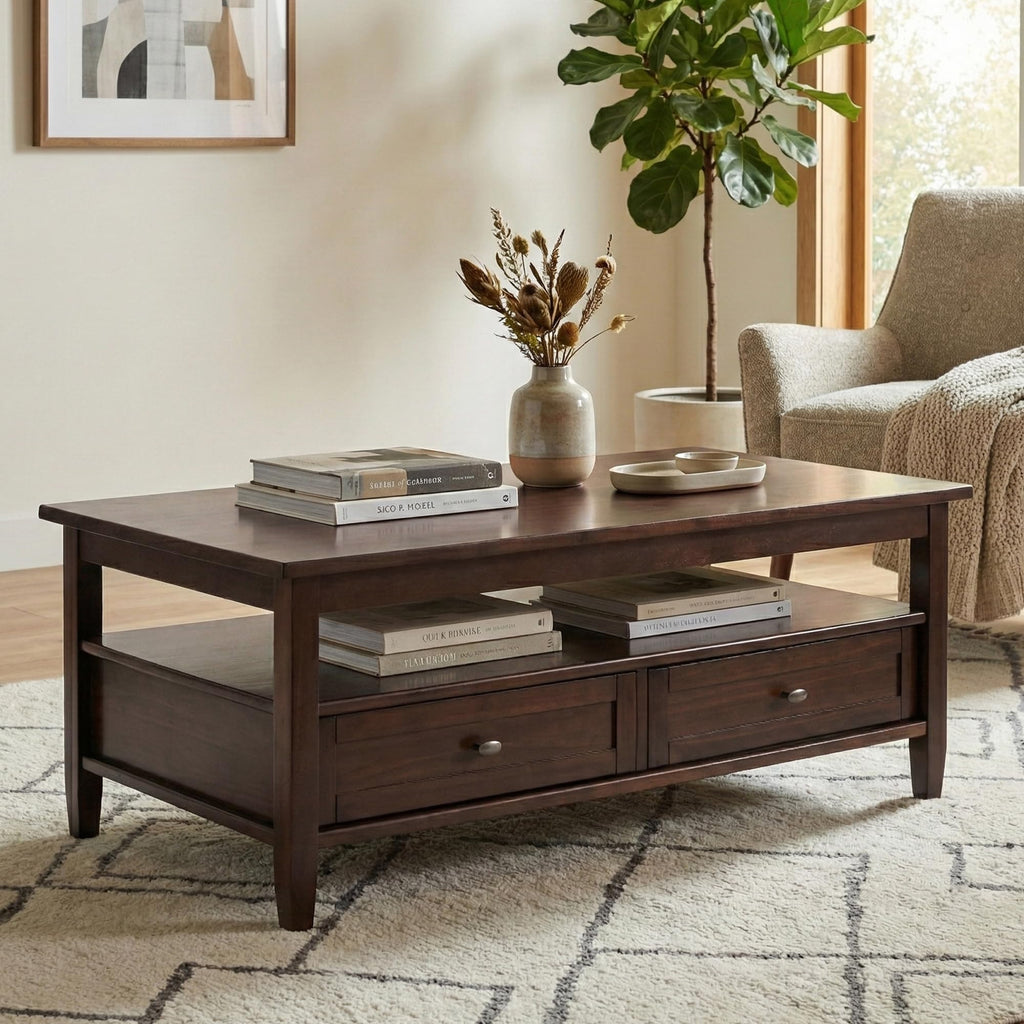 SIMPLIHOME Warm Shaker Coffee Table - 48 inch Wide Solid Wood Coffee Table in Black, Transitional Living Room Table with 2 Drawers, Open Shelf, Shaker Fronts and Tapered Legs