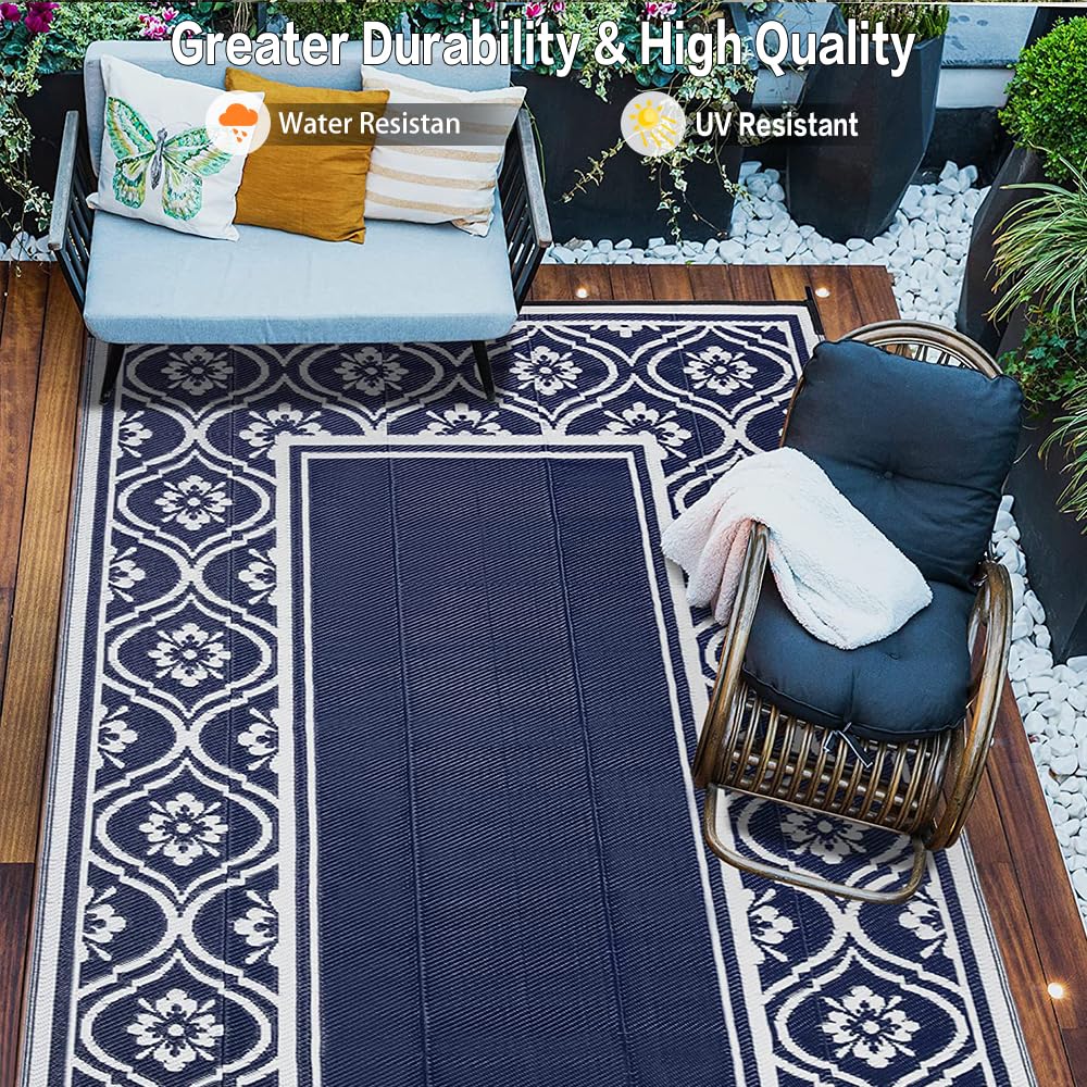 HUGEAR Outdoor Patio Rug 3'x5' Waterproof Outside Area Rugs Blue Reversible Plastic Straw Carpet for RV Deck Camping Entryance Porch Picnic Balcony Beach