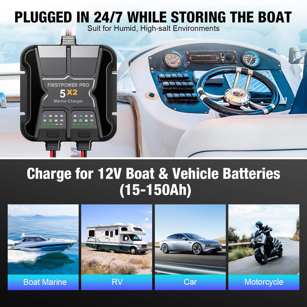 Marine Battery Charger 5X1: 1-Bank, 5A Onboard Battery Charger - 5A Per Bank, 12V Waterproof Boat Batter Charger for SLA/AGM, Lithium, Calcium - Charged 24/7