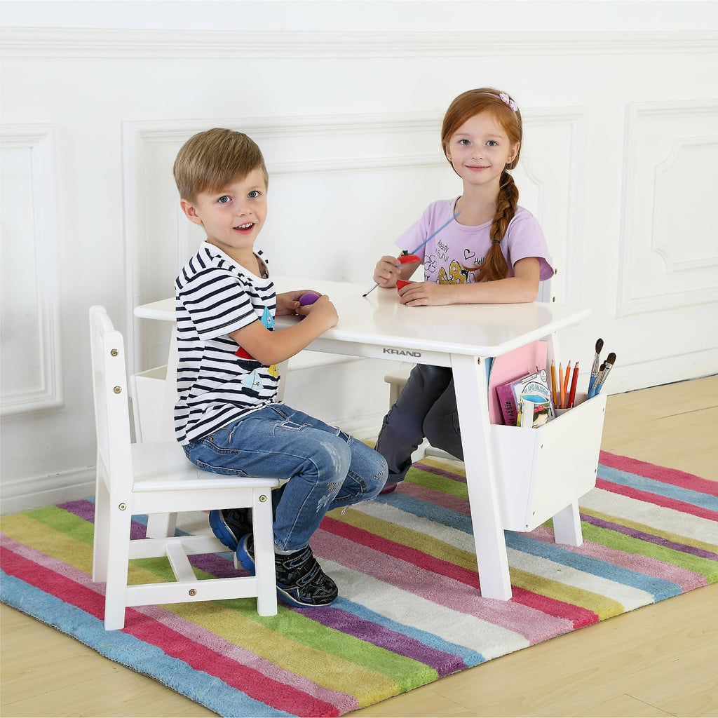 Kids Solid Wood Table and 2 Chair Set with Built-in Storage Cases Children's Storage Table and Chair Set for Toddlers Boys and Girls (Bianca White)