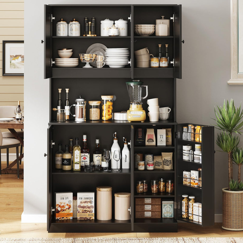 ONBRILL 71" Tall Kitchen Pantry Storage Cabinet with Microwave Stand & Door Shelf, Freestanding Kitchen Hutch with 6 Doors and Adjustable Shelves, Modern Food Pantry for Dining Room, Black