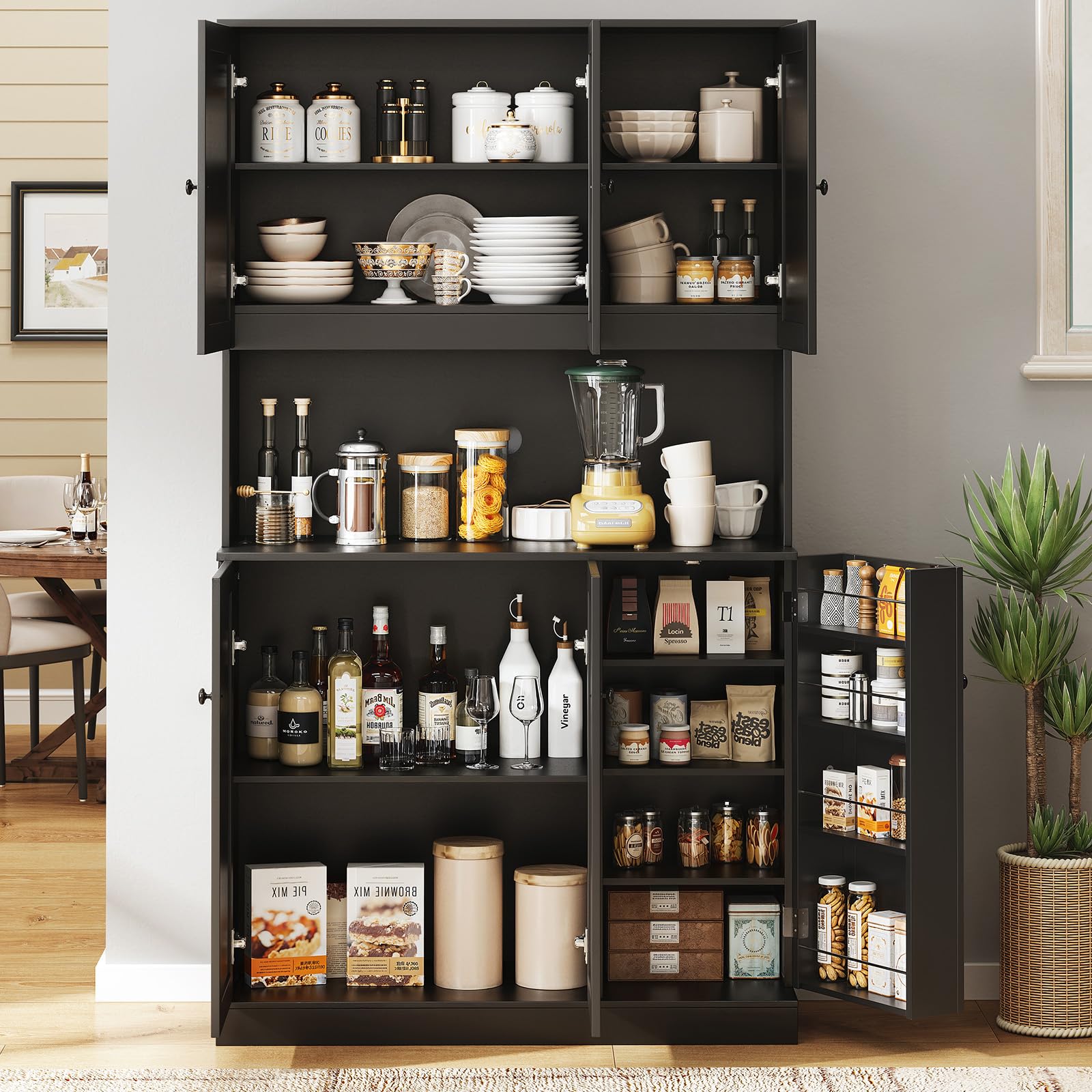 ONBRILL 71" Tall Kitchen Pantry Storage Cabinet with Microwave Stand & Door Shelf, Freestanding Kitchen Hutch with 6 Doors and Adjustable Shelves, Modern Food Pantry for Dining Room, Black