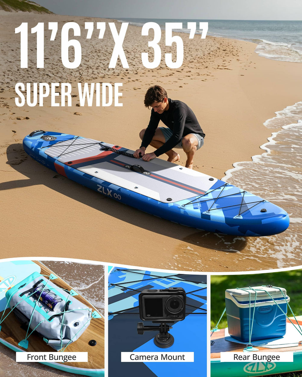 ZLX 11'6"x35" Ultra Wide Inflatable Stand Up Paddle Board | Stable Non-Slip Deck Pad, Unique Fin System, Premium SUP Accessories & Backpack - Upgraded Pump for Adults, All Skill Levels