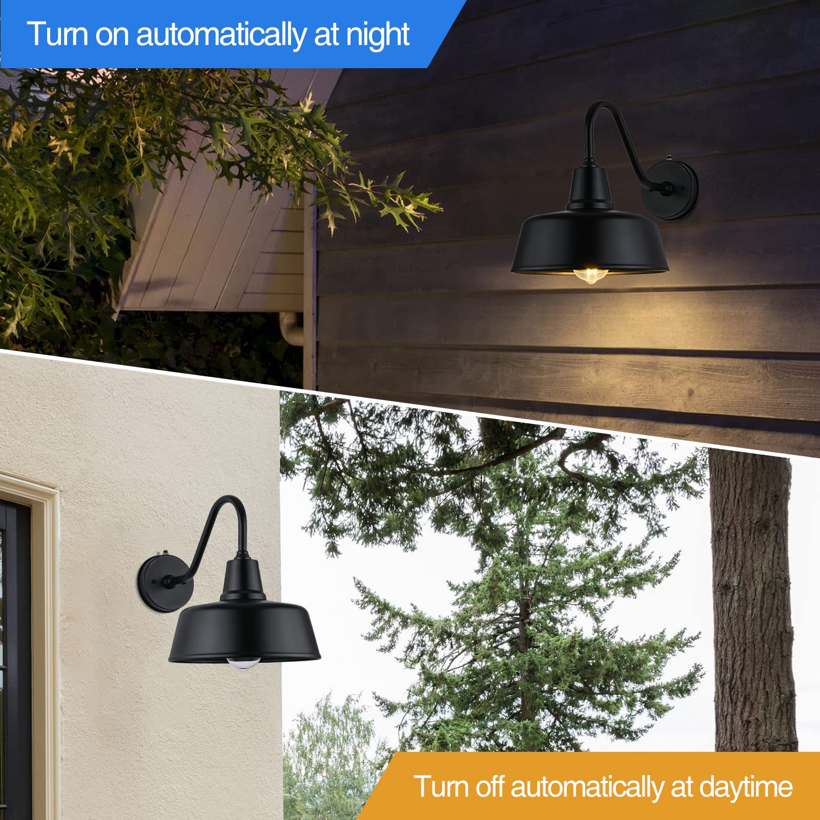 Barn Lights Outdoor Gooseneck Lighting, Dusk to Dawn Black Exterior Barn Lights for House, Farmhouse Wall Lighting Fixtures with Sensor for Porch Garage (1, 11" Diameter)