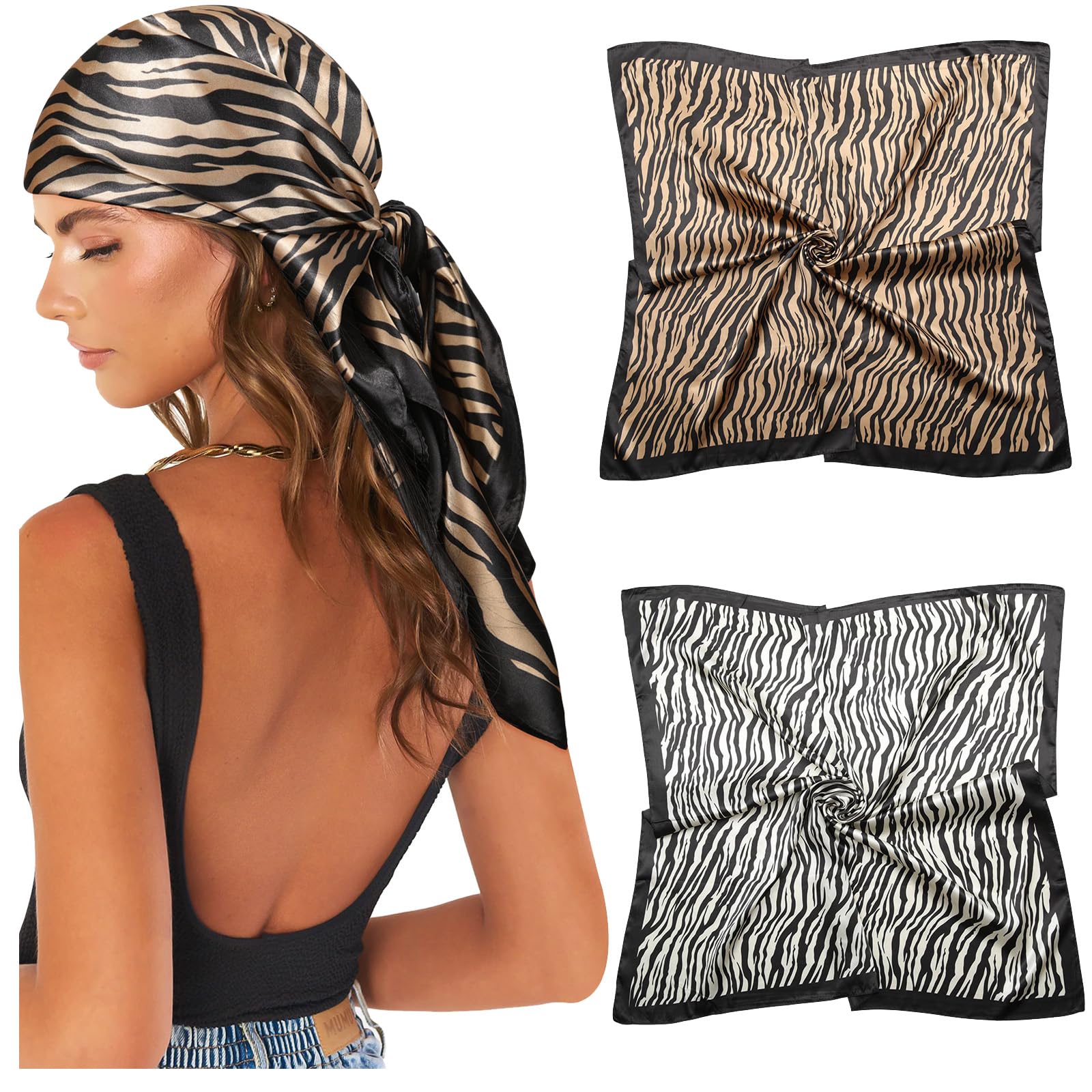 AWAYTR 35” Large Satin Square Head Scarf - 2Pcs Silk Like Floral Head Scarves Square Satin Hair Scarf Bandanas for Women