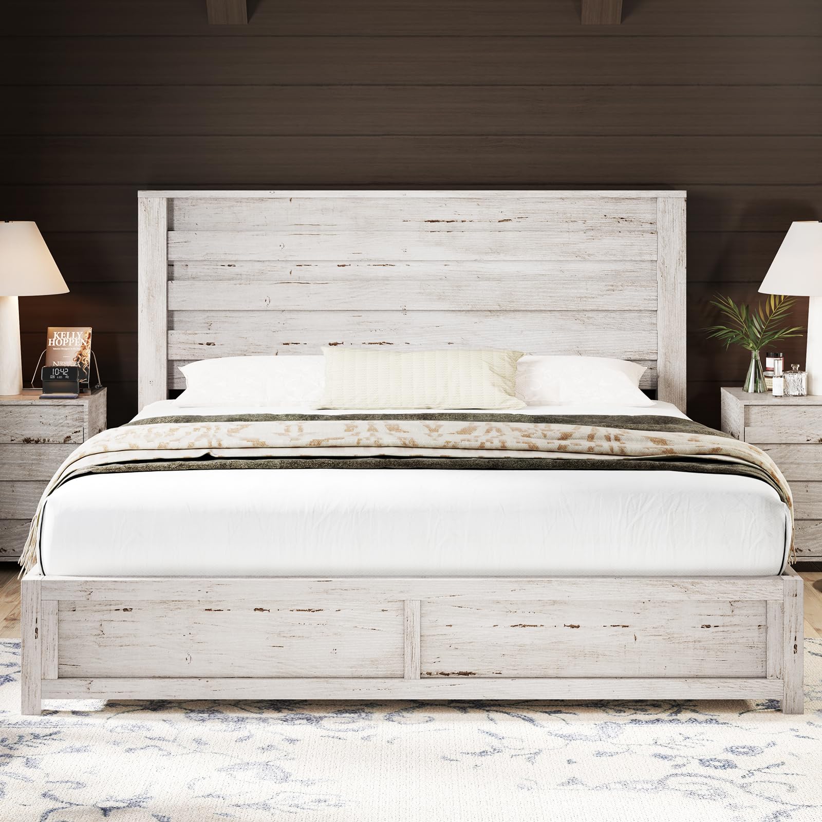 AMERLIFE Farmhouse Full Size Bed Frame with 49" Fluted Headboard, Wood Platform Bed with Natural Grain, No Box Spring Needed/Noise Free, Black