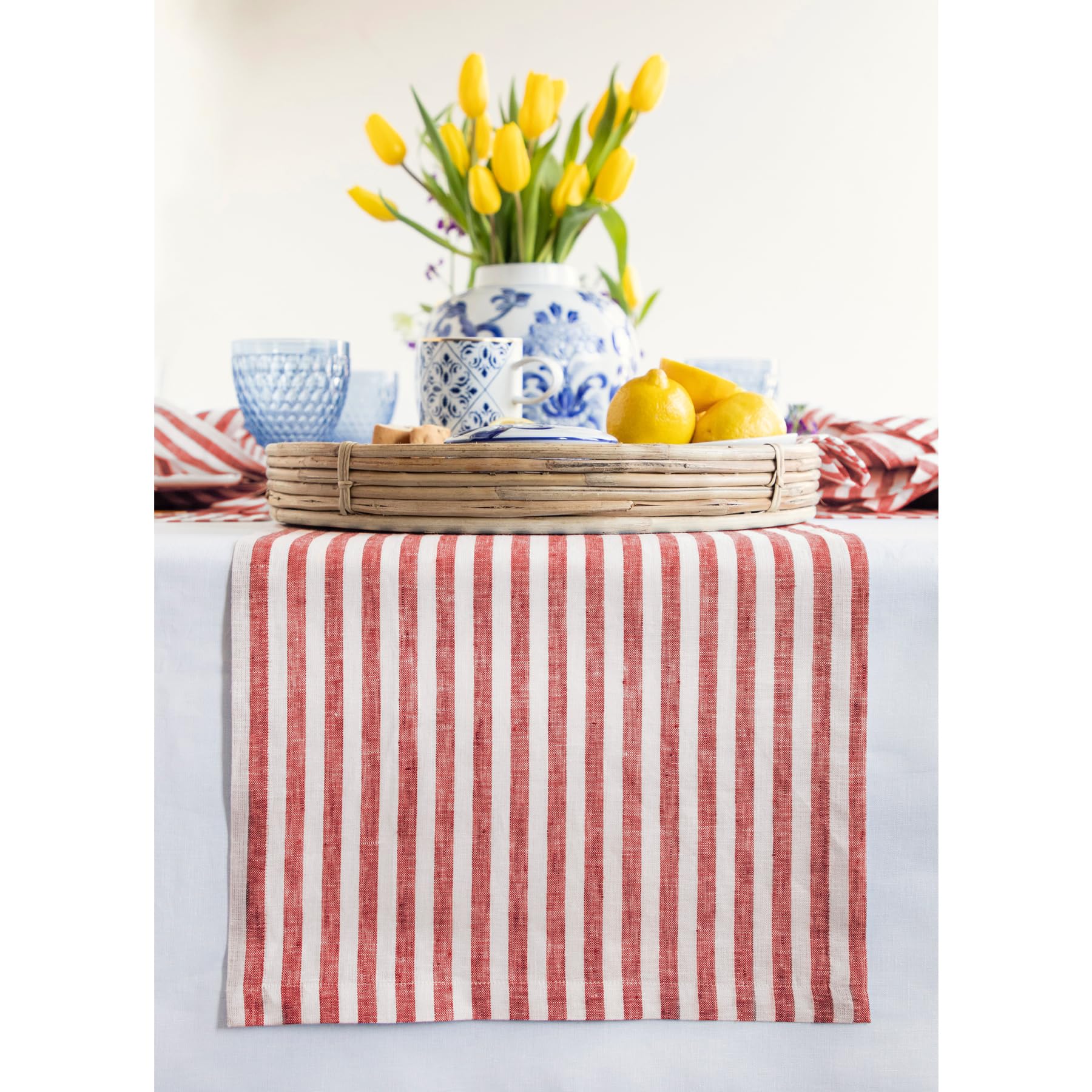Solino Home Linen Table Runner 36 Inches - Amalfi Stripe 100% Pure Linen Natural and White Table Runner 14 x 36 Inch Ideal for Dresser and Coffee Tables - Summer