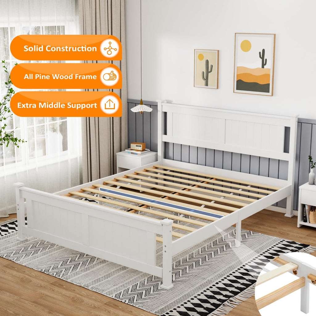 Bonnlo Twin Size Solid Wood Platform Bed Frame, Single Bed with Headboard, No Box Spring Needed Panel Bed, Wood Slat Support Mattress Foundation, White