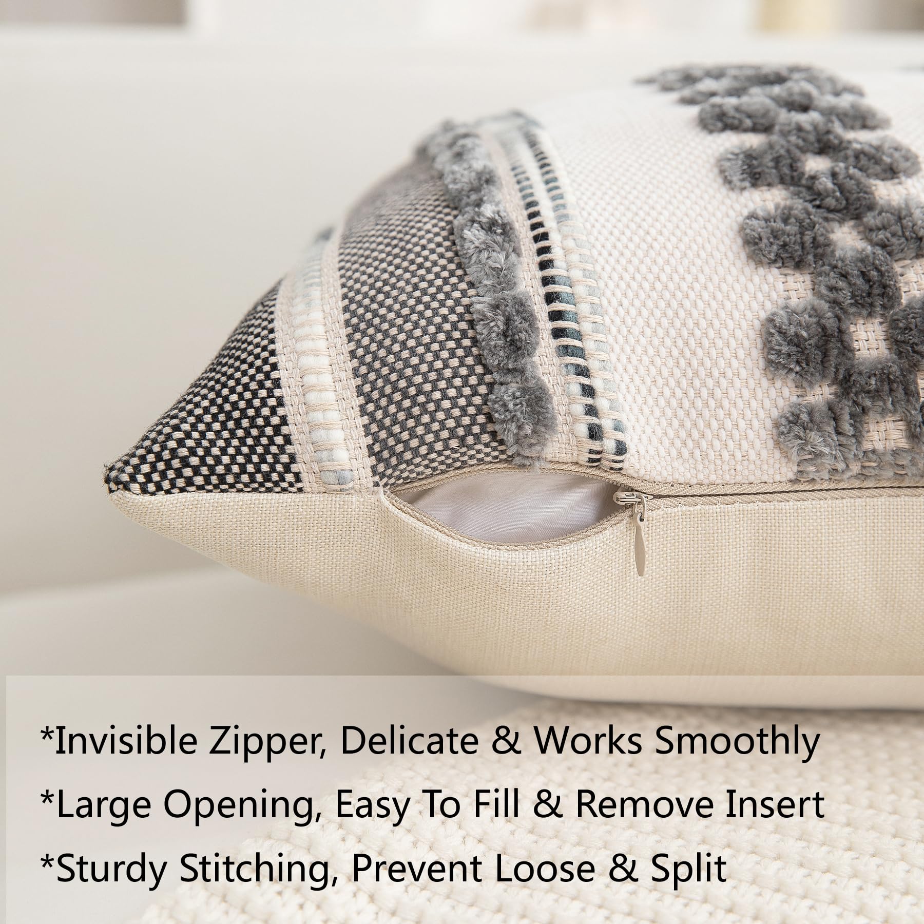 Boho Pillow Covers 18x18 Set of 2 for Couch-Modern Farmhouse Sofa Decorative Throw Pillow Covers Textured Chenille Cushion Covers Outdoor Netural Bohemian Pillow Cases Square