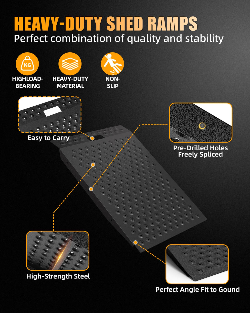 VNN 29" x 24" Shed Ramp for Riding Mower - 750 LB Capacity Shed Ramps, Anti-Slip Punch Plate Ramp for ATV, Motorcycles, Garages & Barns (1PC,Black, Alloy)