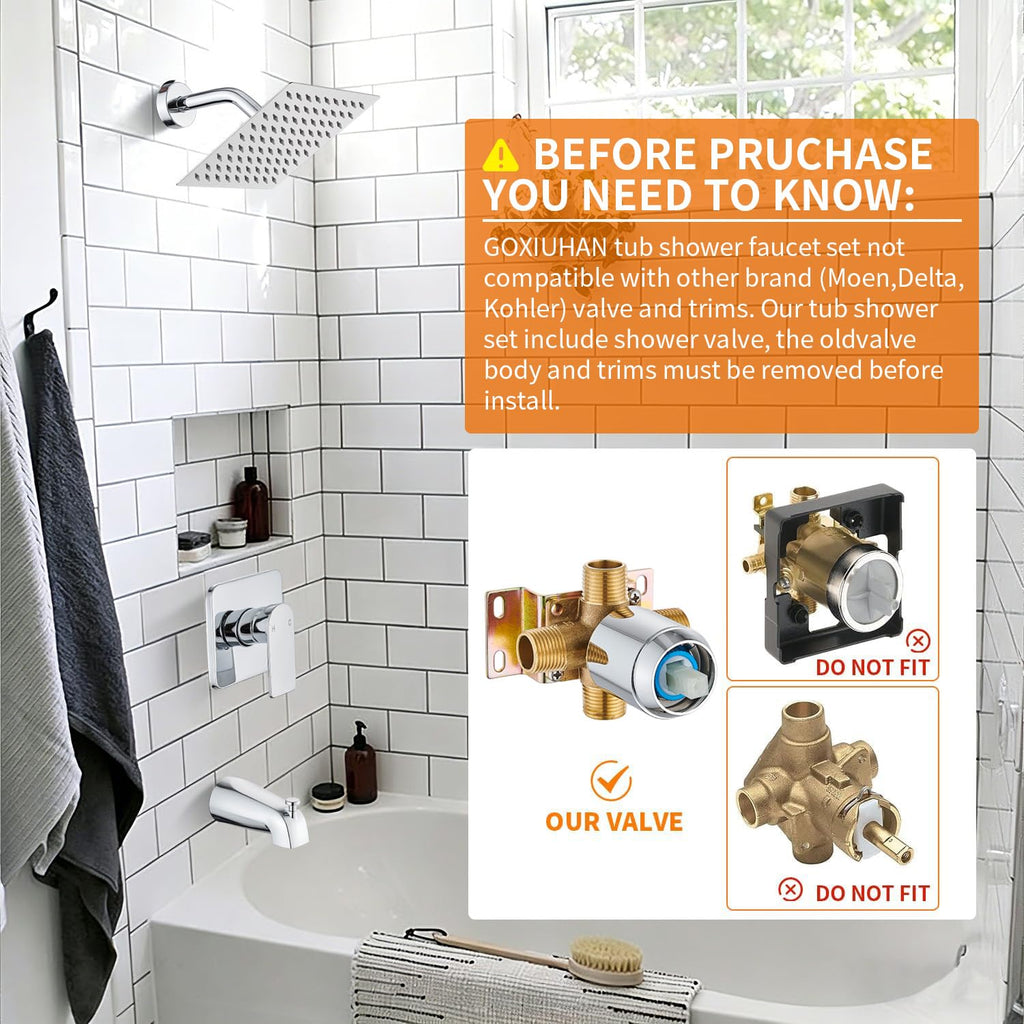 Gold Brushed Tub Shower Faucet Set With 8" Shower Head & Spout