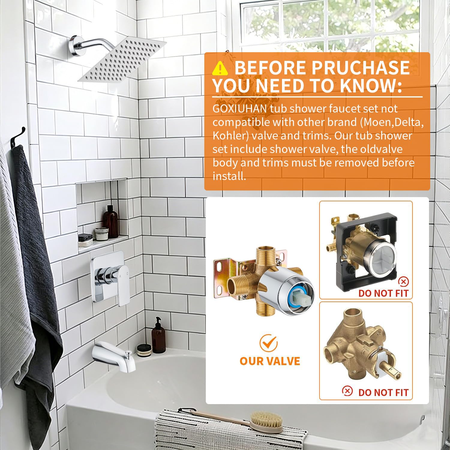 Gold Brushed Tub Shower Faucet Set With 8" Shower Head & Spout
