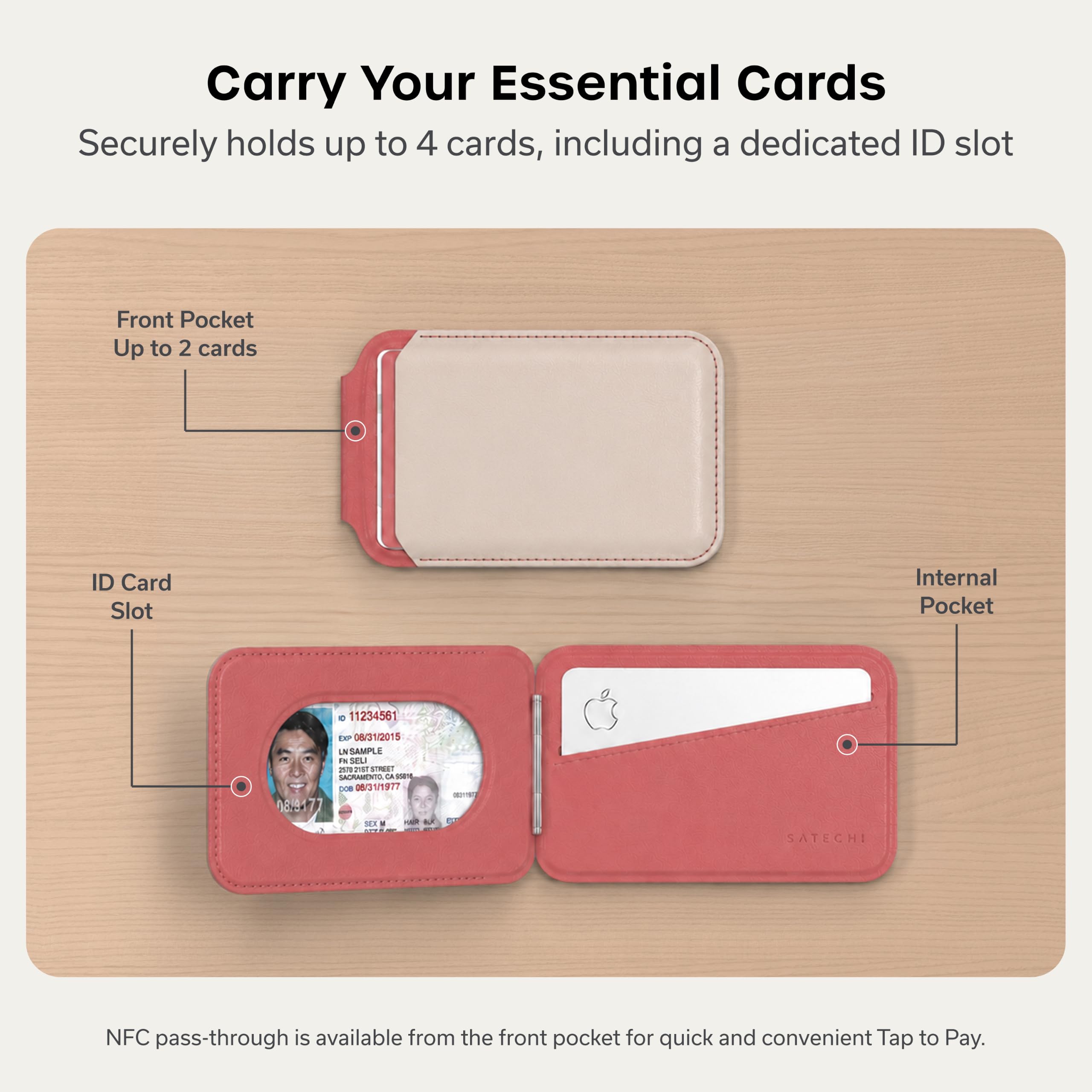 Satechi Magnetic Magsafe Wallet, Double Flap Stand Card Holder, 4 Slots with Front NFC Pass-Through, Adjustable Phone Attachment for iPhone 17/16/15/14/13/12, Travel Accessory