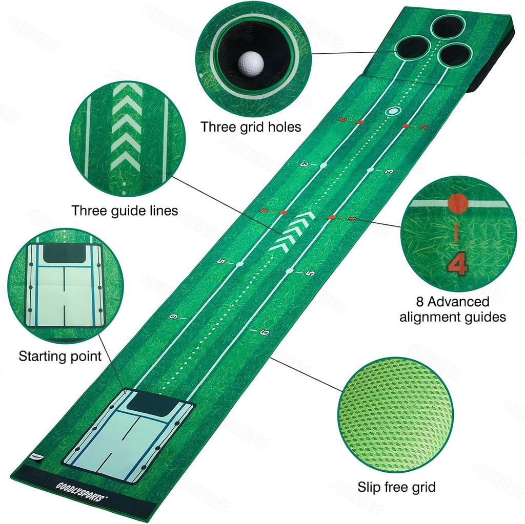New Portable Golf Putting Mat, Mini Golf - Putting Green Indoor + Putting Green Outdoor - Putting Mat with 3 Balls + Retractable Push Rod (Youth) - Putting Matt for Indoors, Golf Gifts for Men Kids