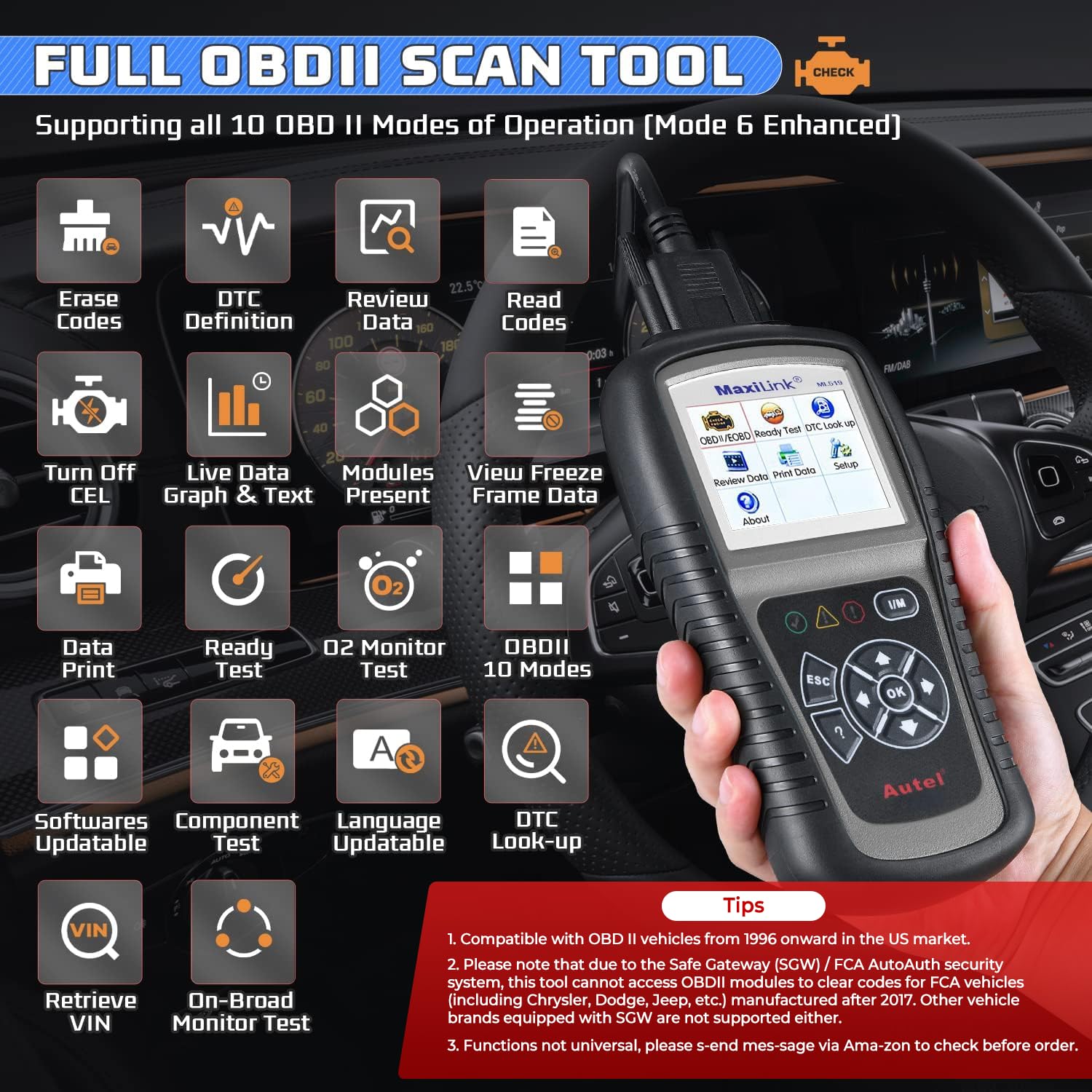 Autel MaxiLink ML519 Enhanced Mode 6 OBD2 Scanner Auto Diagnostic Scan Tool Check Engine Fault Code Reader CAN Scan Tool, Upgraded Ver. of AL319 Black