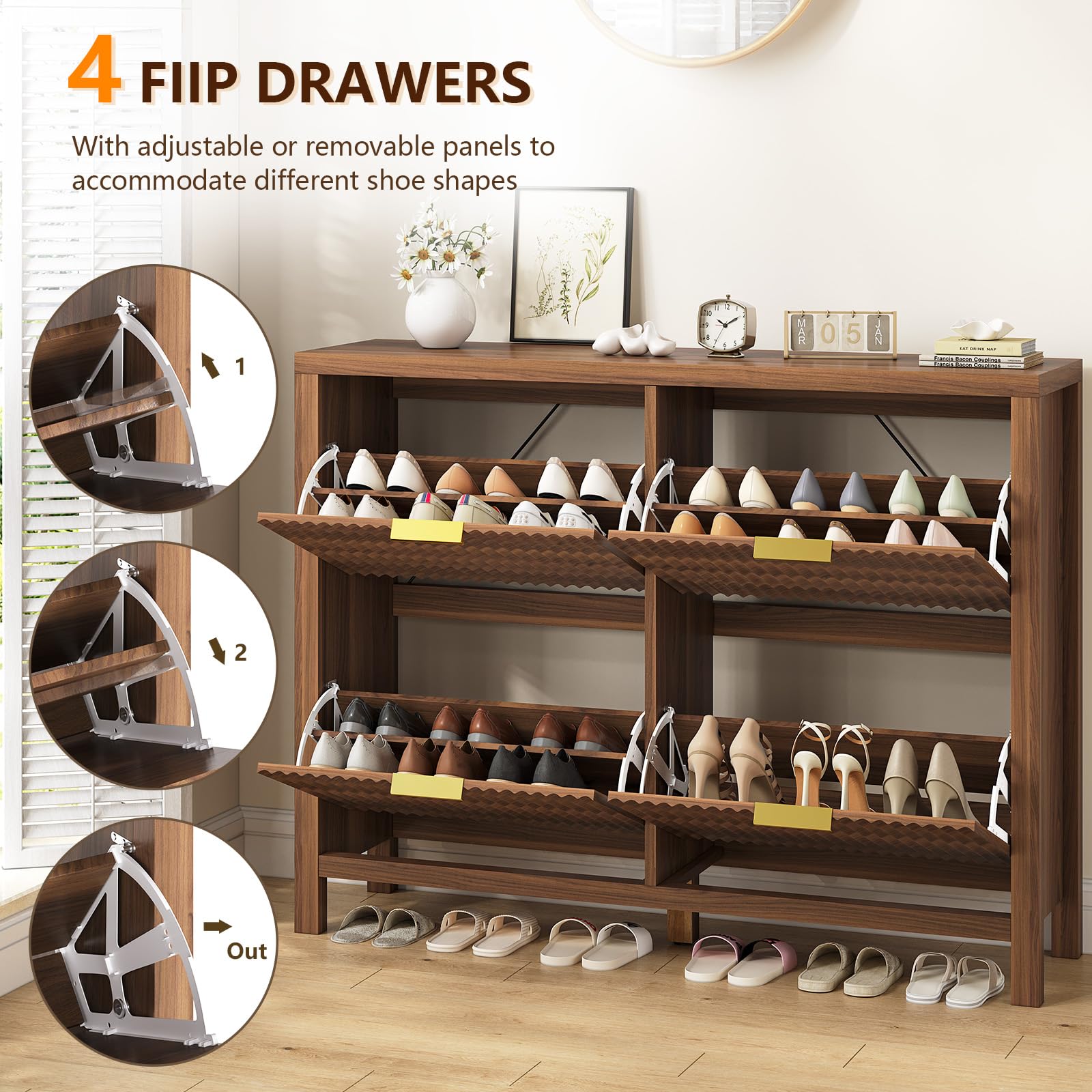 YOMILUVE Shoe Cabinet Storage for Entryway, Fluted Shoe Cabinet with 2 Flip Drawers, Hidden Shoe Rack Tall Freestanding Shoe Organizer with Legs for Hallway, Blue