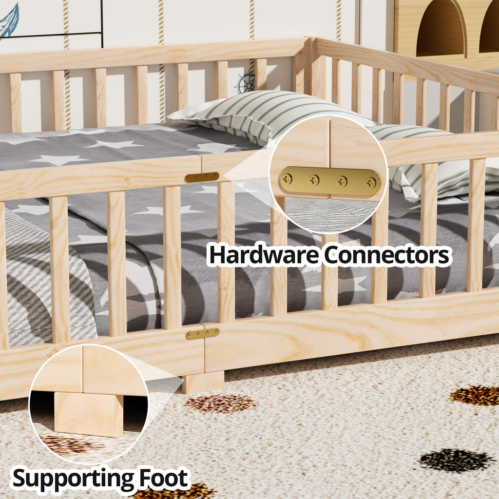 i-POOK Queen Floor Bed for Children, Sturdy Wood Montessori Bed Frame with Wood Slats, High Fence & Small Door for Girls and Boys, Espresso (with Bed Slats)