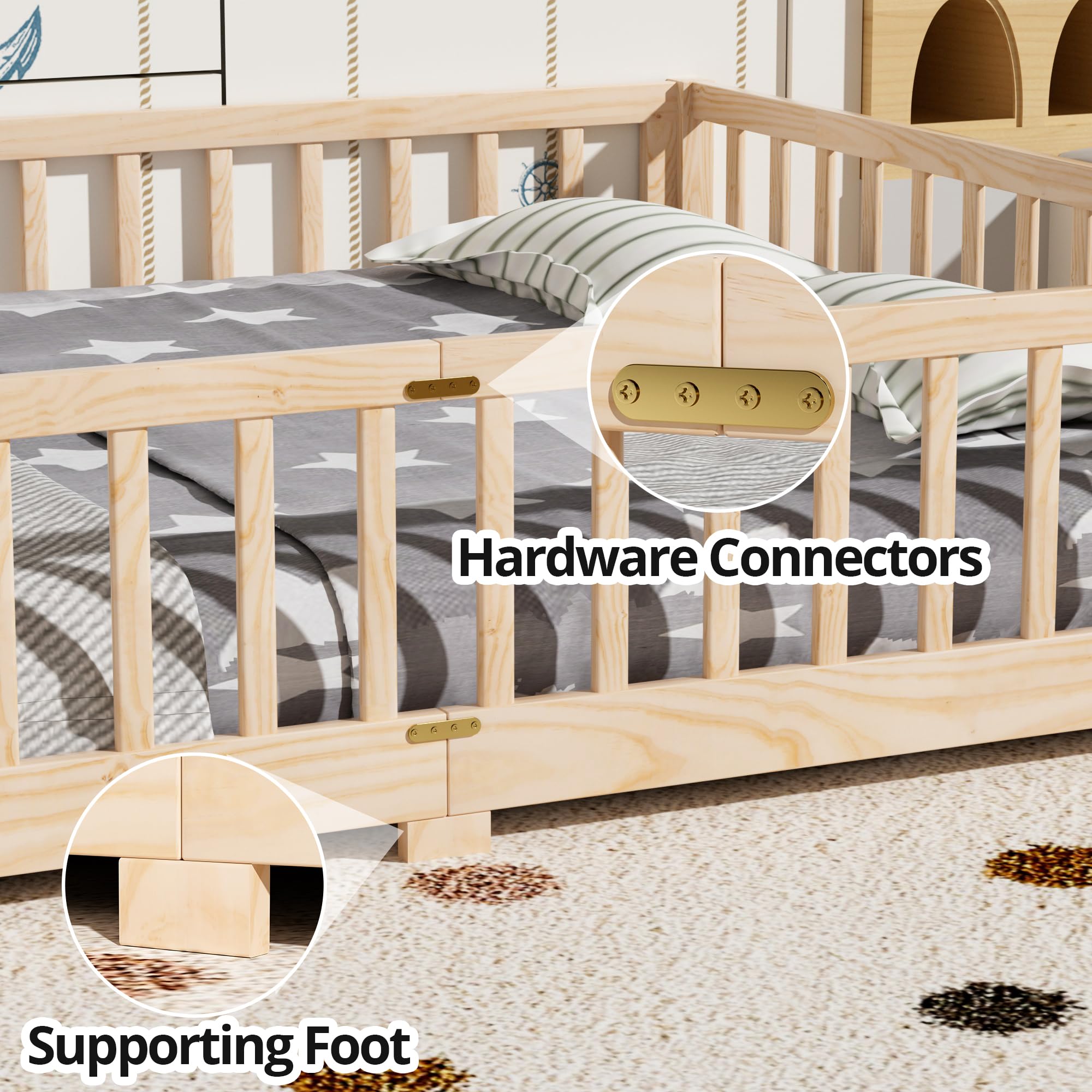 i-POOK Queen Floor Bed for Children, Sturdy Wood Montessori Bed Frame with Wood Slats, High Fence & Small Door for Girls and Boys, Espresso (with Bed Slats)