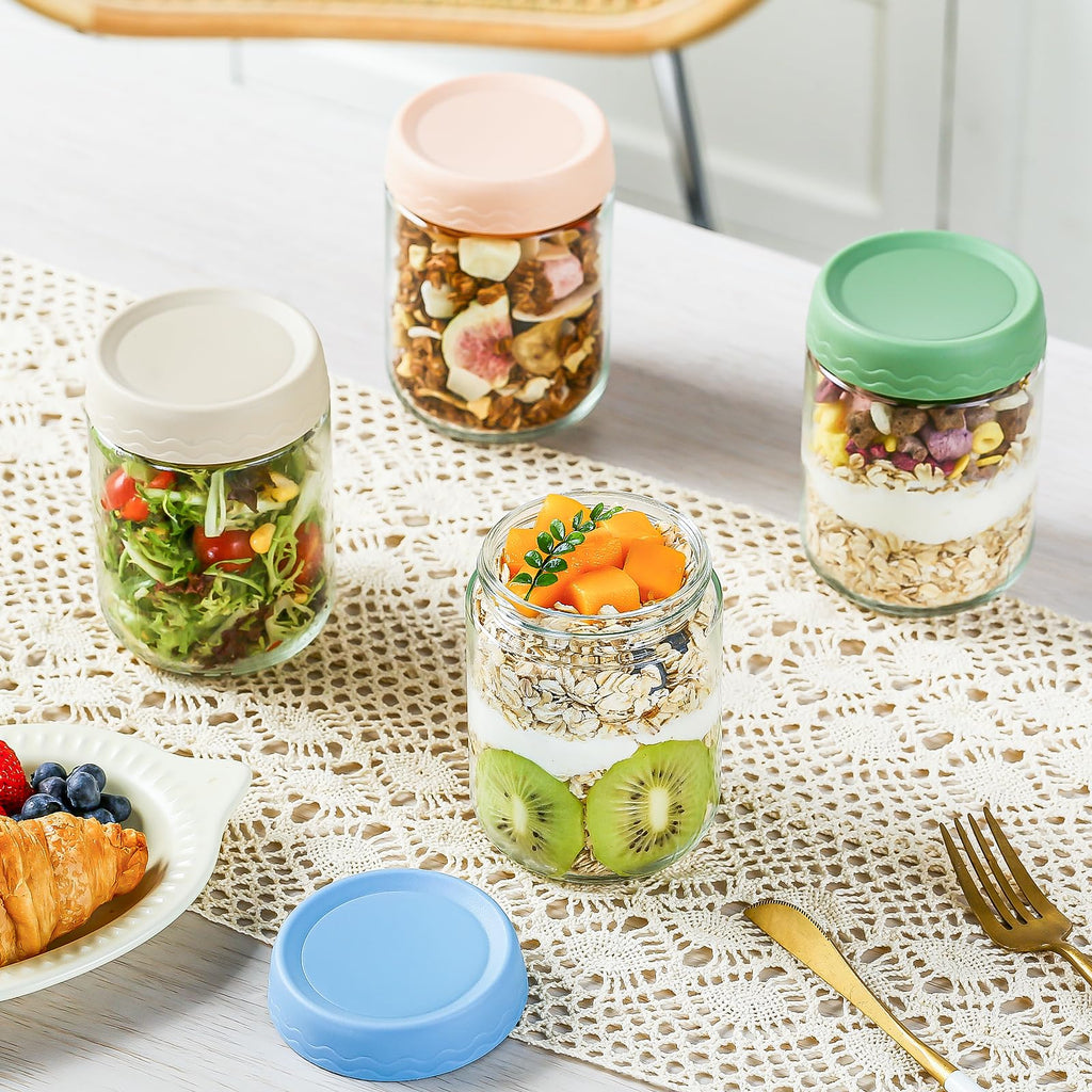 DRKIO 10 Oz Overnight Oats Containers with Lids - 4 Pack Glass Storage Jars with Airtight Lids Wide Mouth Mason Food Jars Great for Meal Prep Salad Chia Pudding Snacks Yogurt Sugar Spice Cereal
