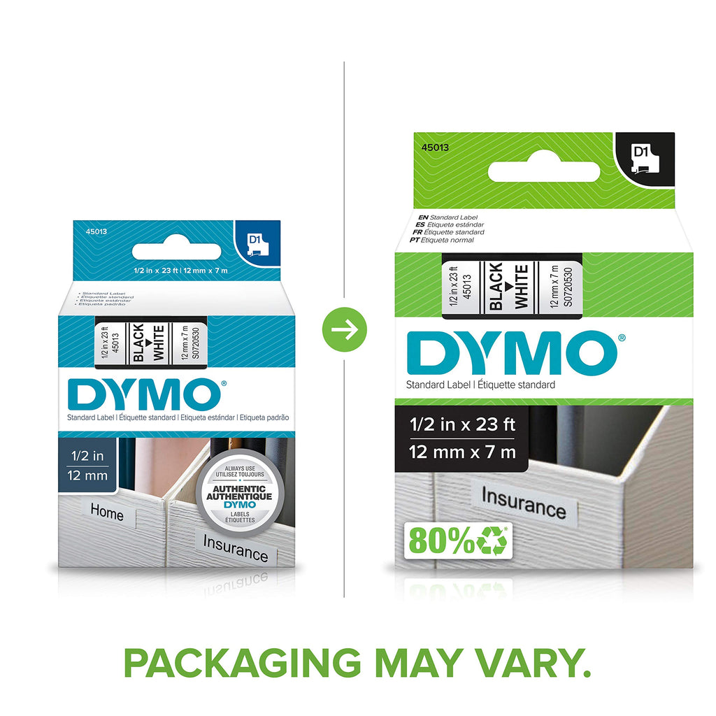DYMO D1 Labels 1/2-Inch x 23-Foot Roll Black Print on White Self-Adhesive for LabelManager Label Makers
