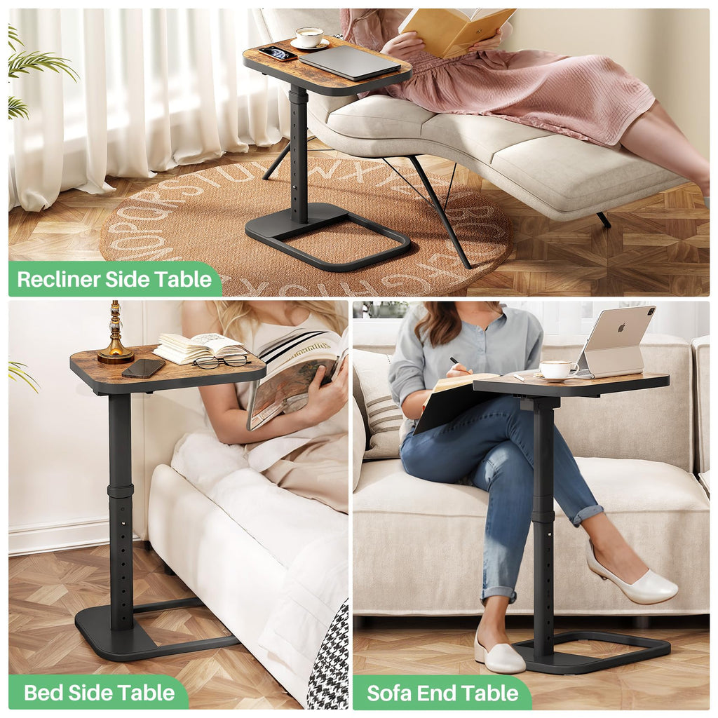 Kitstorack TV Tray Table, Adjustable Height & Rounded Metal Corners, Snack Table for Couch, Sofa, Bed, Chair, Living Room, C Shaped End Side Table for Eating, Dinner or Laptop, Small Spaces, Black
