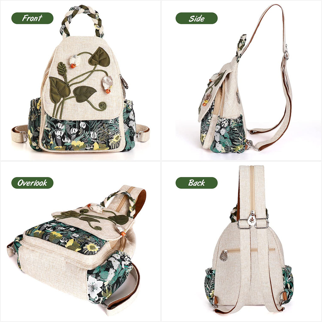 Ladys Convertible Sling Bag, Hand Craft Artisan Purse, Girls Beautiful Canvas Premium Casual Day Mini Backpack for Women (Flower Bee)