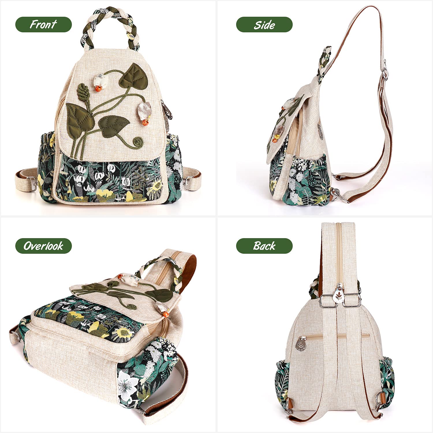 Ladys Convertible Sling Bag, Hand Craft Artisan Purse, Girls Beautiful Canvas Premium Casual Day Mini Backpack for Women (Flower Bee)