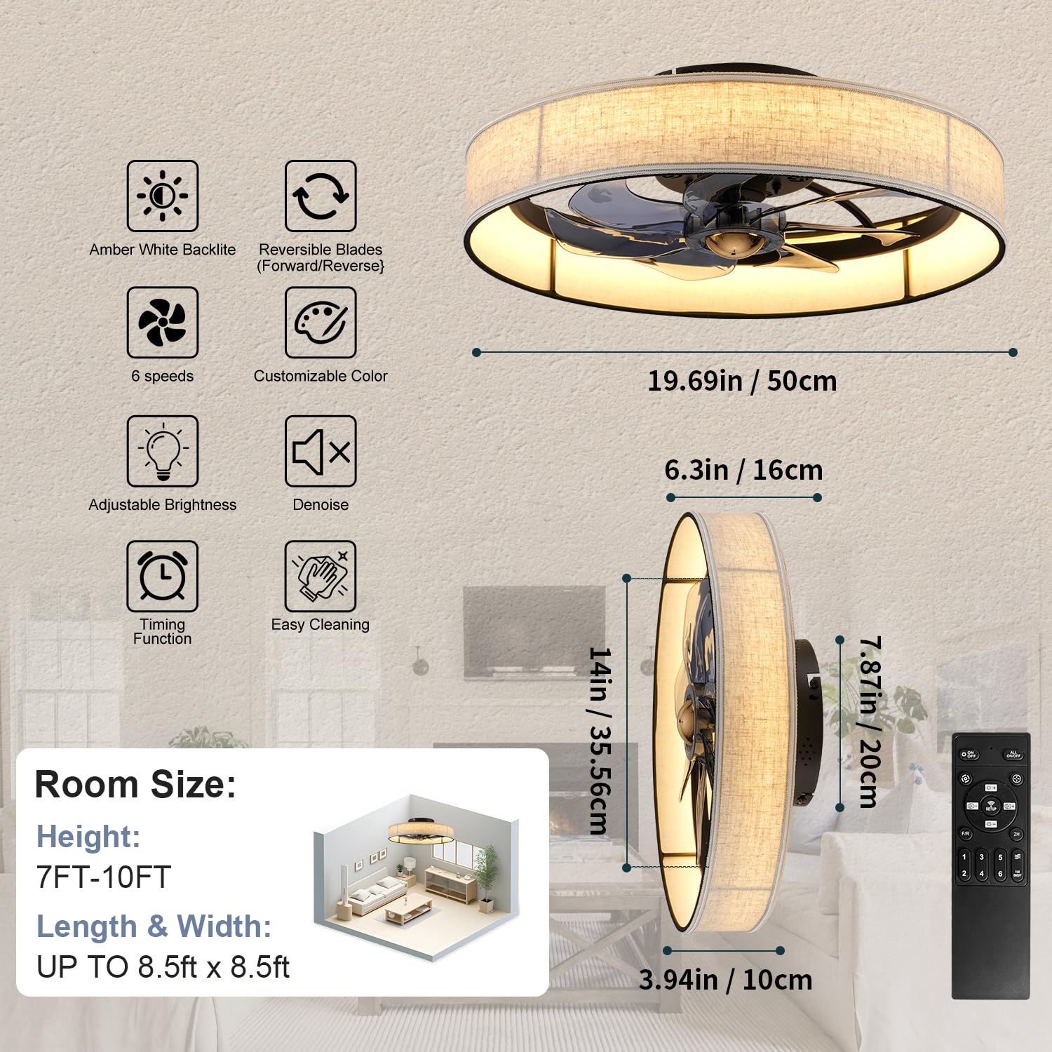 20" Boho Rattan Caged Ceiling Fan with Light,Low Profile Flush Mount Bladeless Ceiling Fan with Remote Control, 6 Speeds Reversible Silent Motor, Farmhouse Fabric Fandalier for Bedroom,Living Room