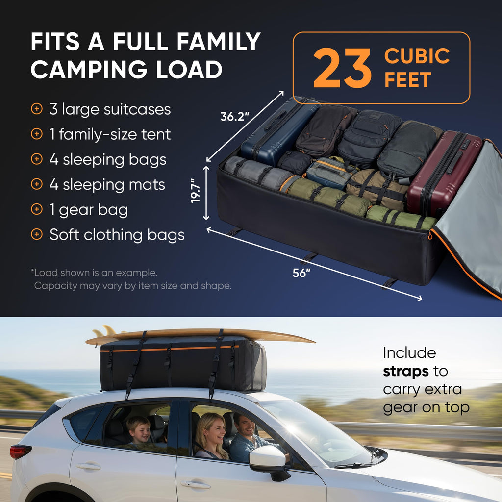 19 Cubic Feet Roof Bag – Safety Tested Heavy-Duty Waterproof Rooftop Cargo Carrier for All Cars & SUVs (with or Without Rack) – Includes Protective Mat & Storage Bag – Military-Grade 840D PVC