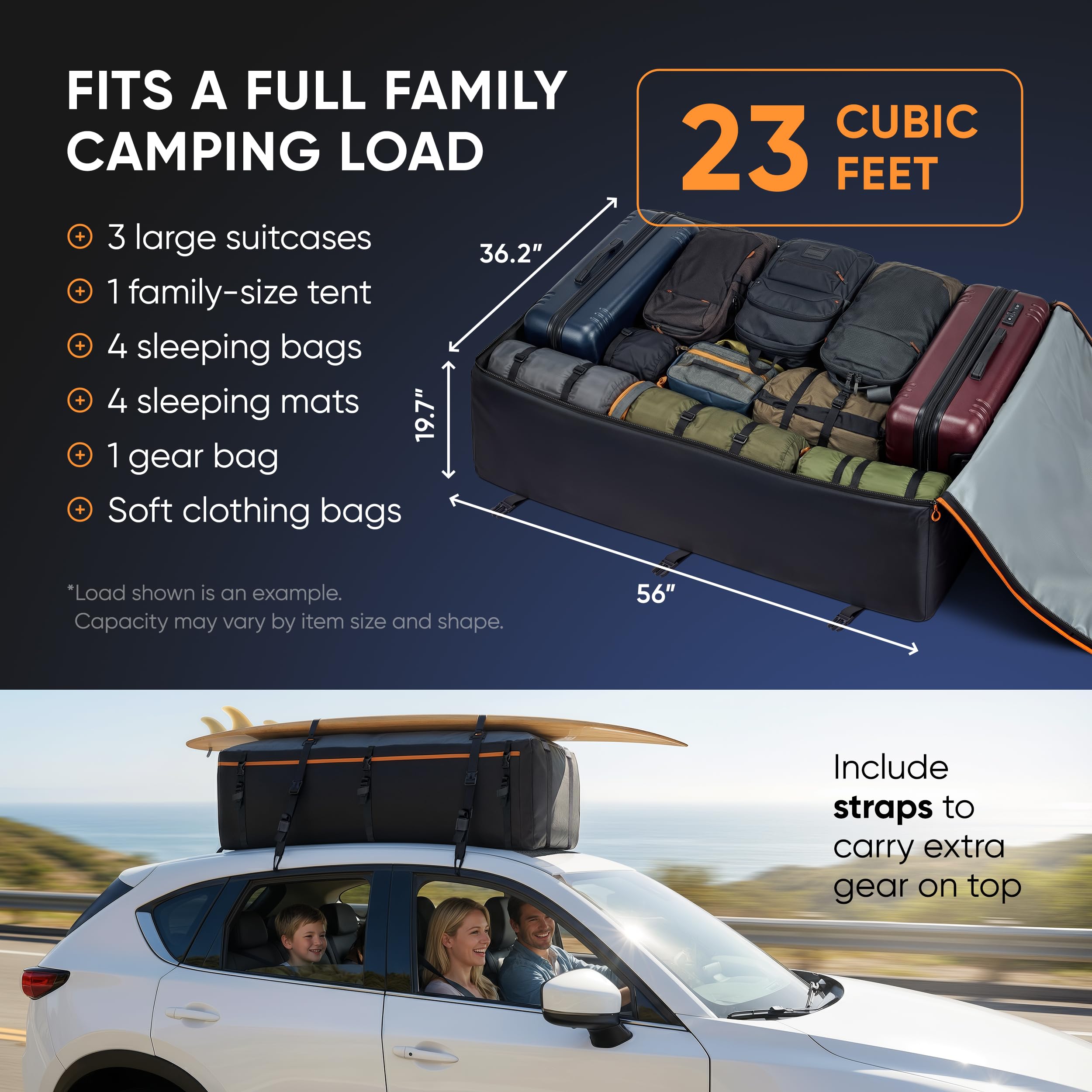 19 Cubic Feet Roof Bag – Safety Tested Heavy-Duty Waterproof Rooftop Cargo Carrier for All Cars & SUVs (with or Without Rack) – Includes Protective Mat & Storage Bag – Military-Grade 840D PVC