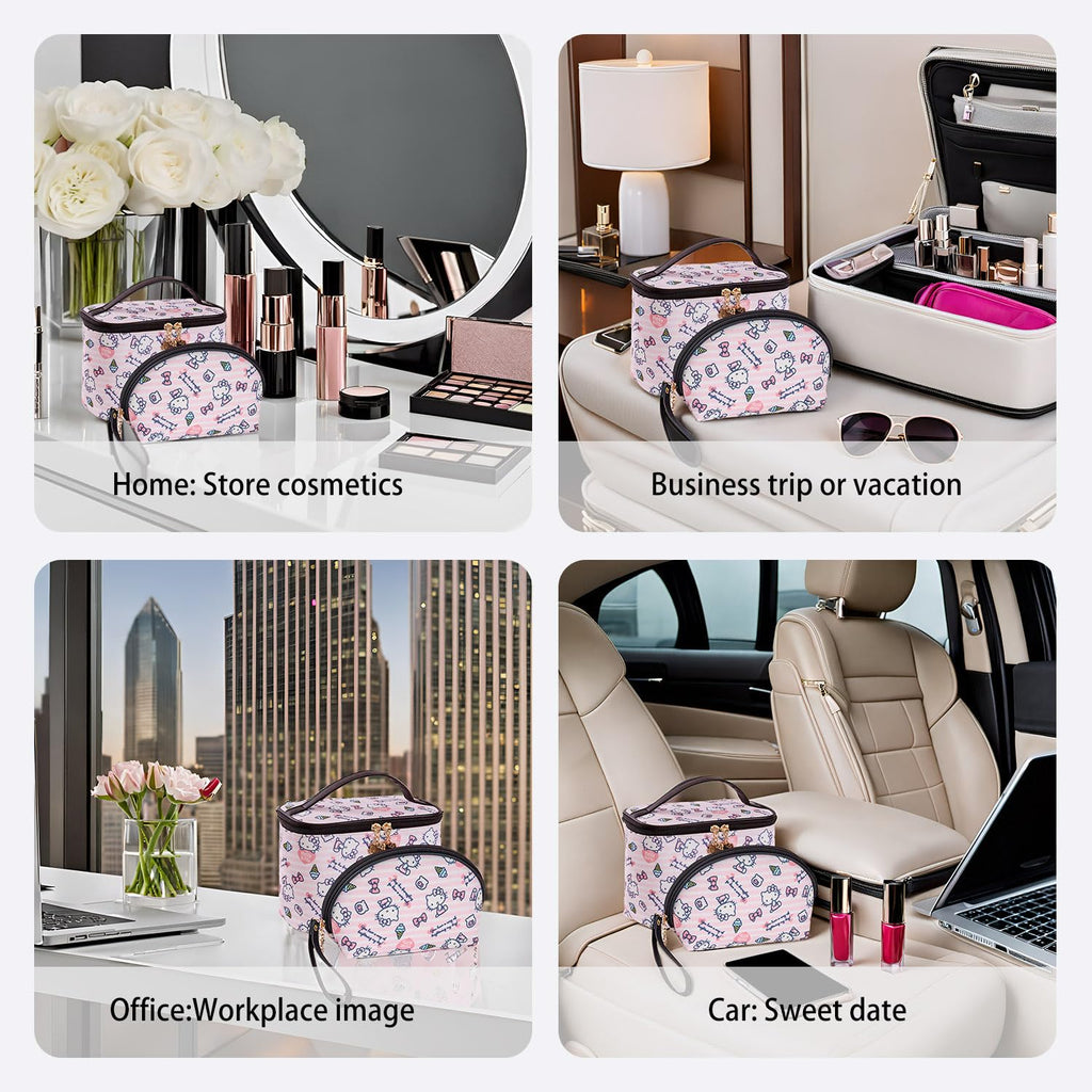 AmBealla Makeup Bag Large Waterproof Cosmetic Bags with Makeup Brush Holder,Cute Printed Makeup Organizer for Women Traveling,Portable Toiletry Bag for Girls