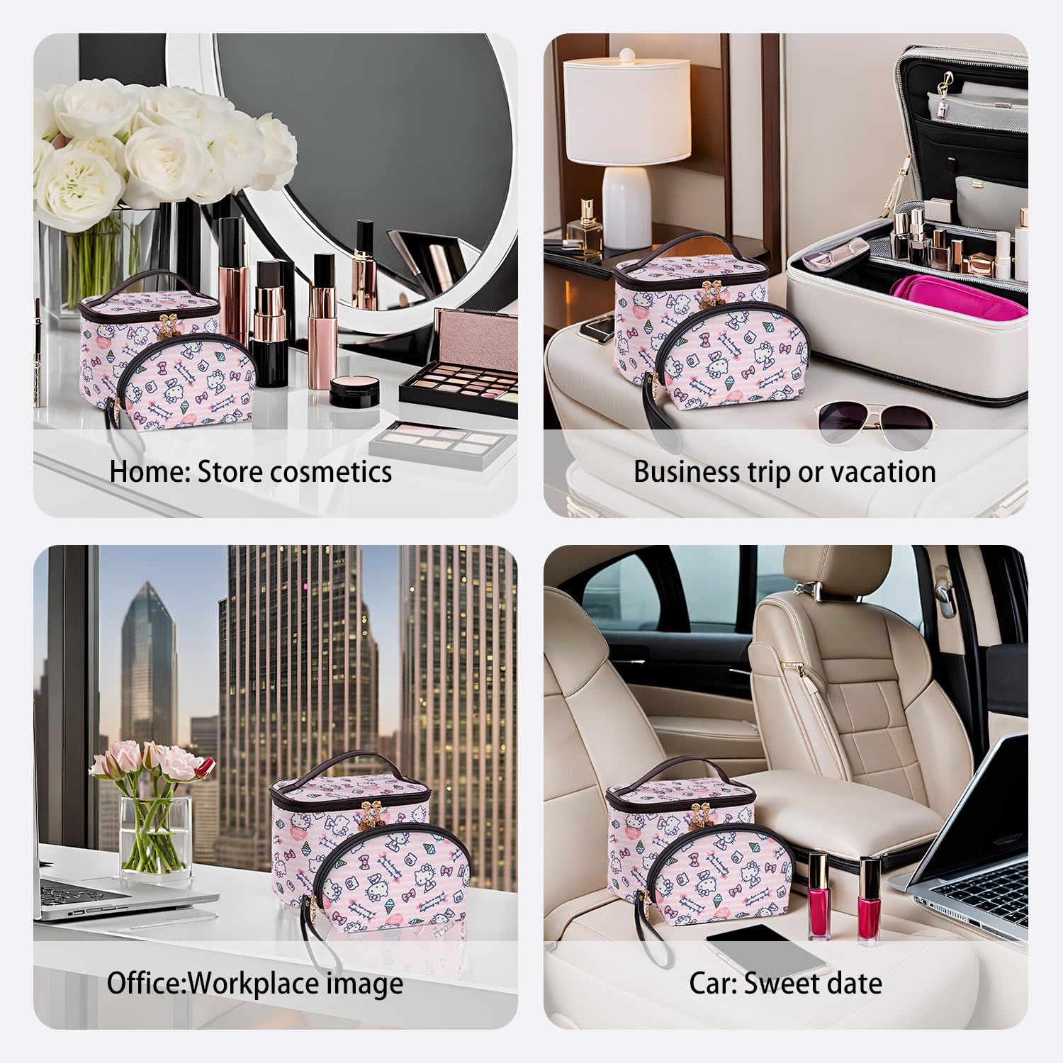 AmBealla Makeup Bag Large Waterproof Cosmetic Bags with Makeup Brush Holder,Cute Printed Makeup Organizer for Women Traveling,Portable Toiletry Bag for Girls