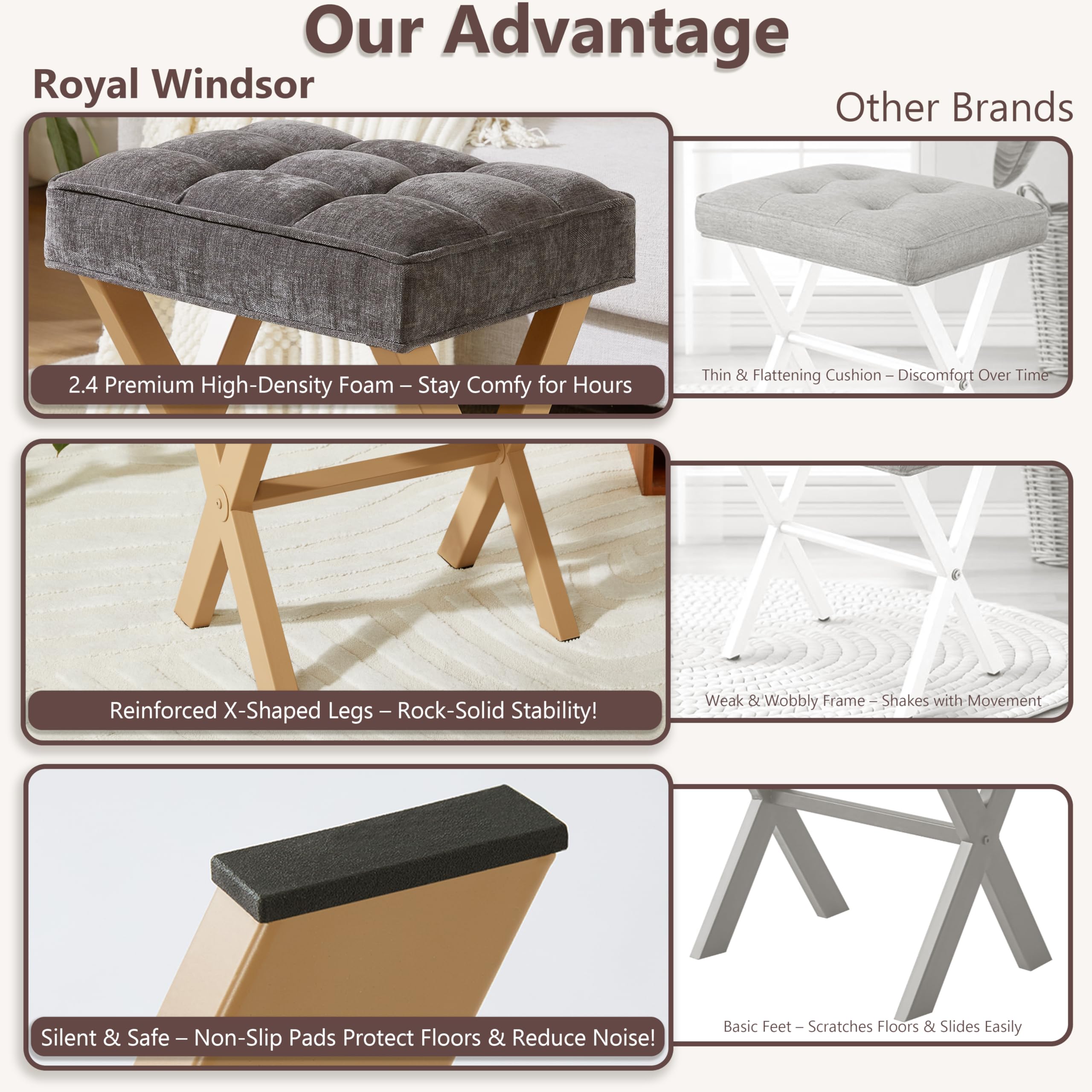 Royal Windsor Vanity Stool with Saddle Cushion, 18 Inch Makeup Vanity Chair for Living Room, Modern Foot Stool Ottoman Piano Bench,Small Upholstered Bench for Bedroom, Beige