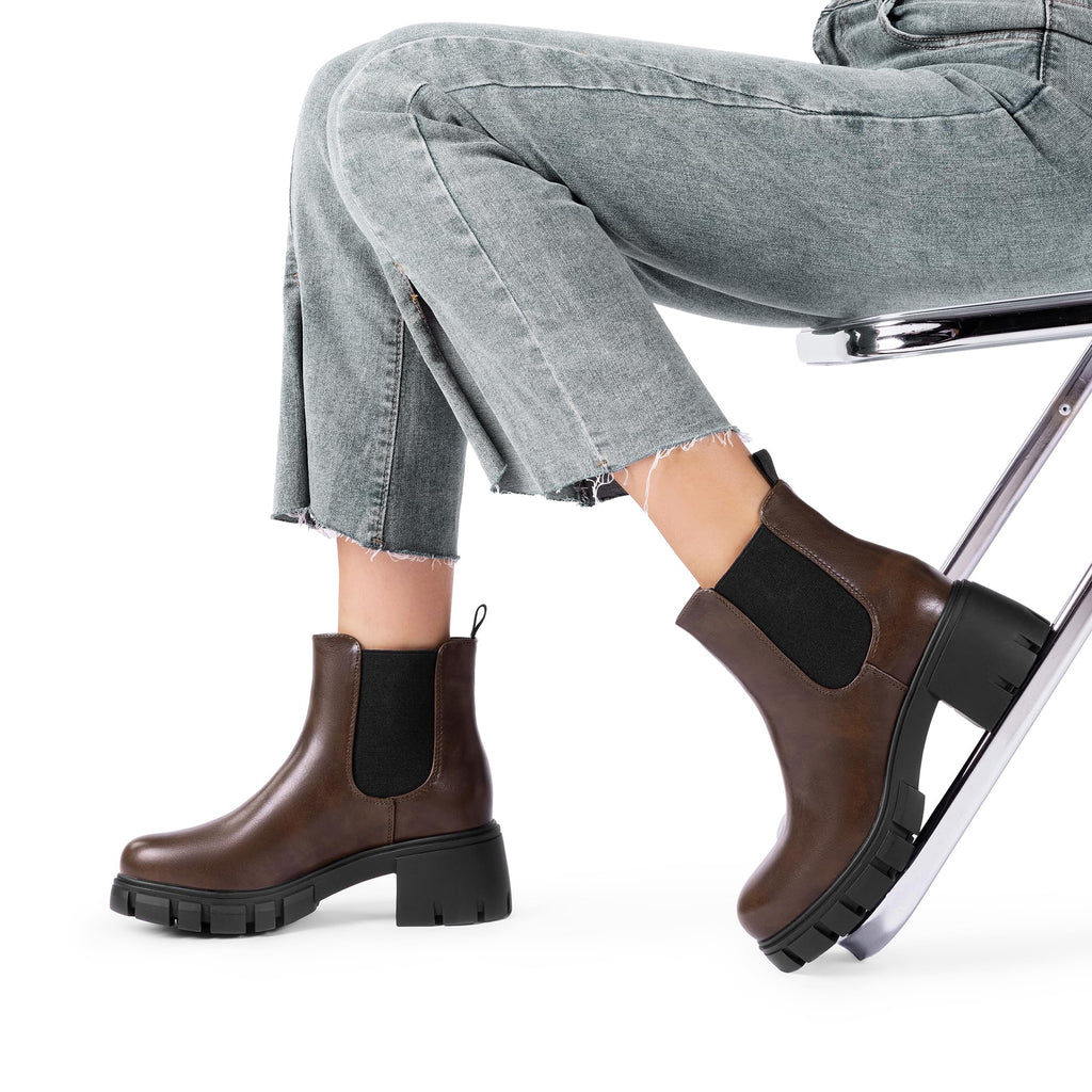 DREAM PAIRS Women's Elastic Chelsea Ankle Boots Platform Low Chunky Block Heel Lug Sole Slip on Fall Heeled Booties Shoes